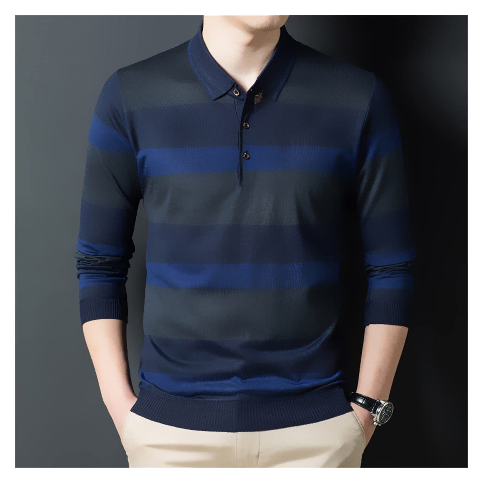 WDBBY Men's Long Sleeve Button-Down Collar Polo Shirt | Slim Fit Striped Casual Shirt for Autumn & Winter | Korean Style Fashion | Office Wear, Dating Outfit, Business Casual (Color: A, Size: 3XL)