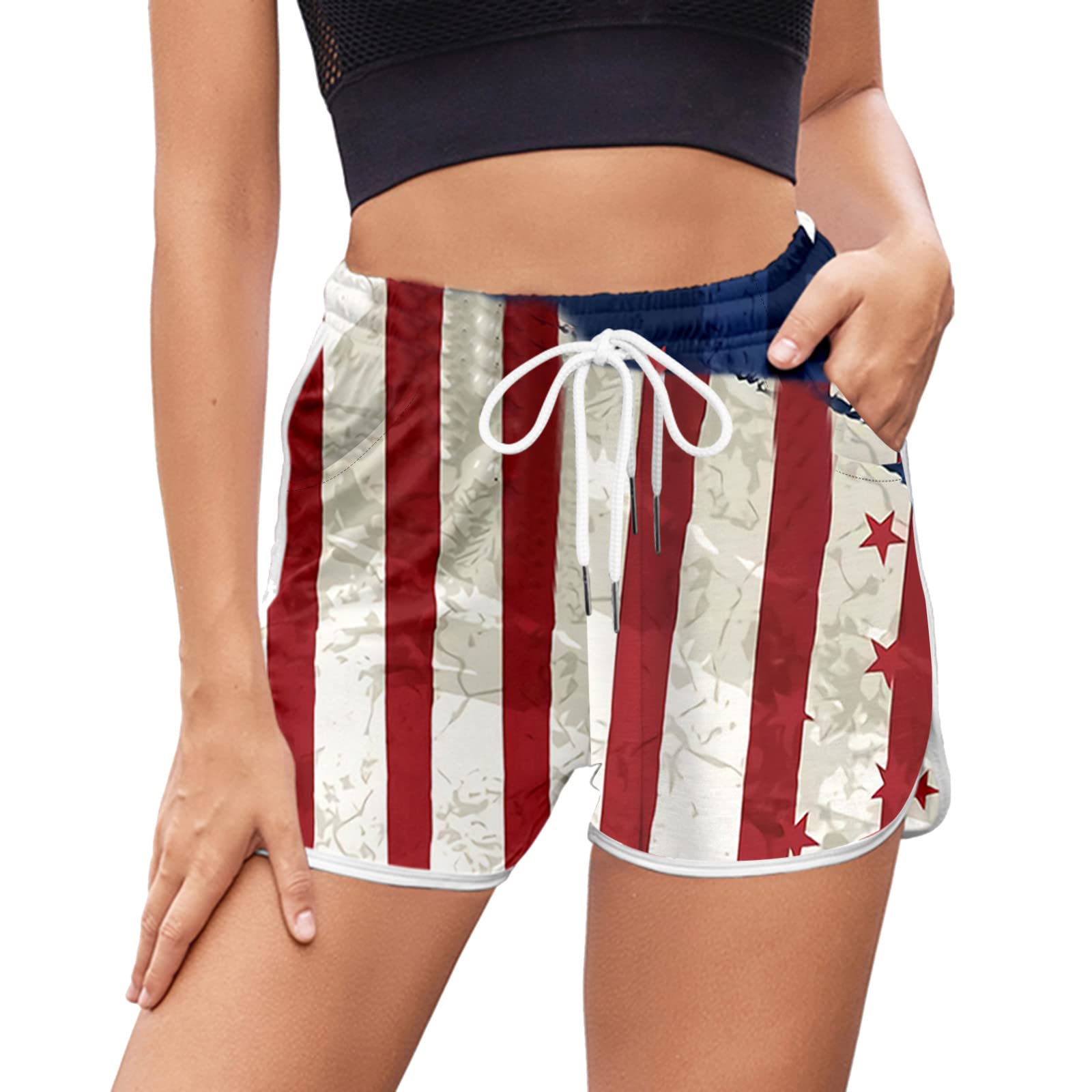Women's High Waisted Yoga Shorts - Patriotic USA Flag Design for 4th of July, Cross Waist Workout & Running Shorts - Perfect for Yoga, Biking, Gym & Outdoor Sports