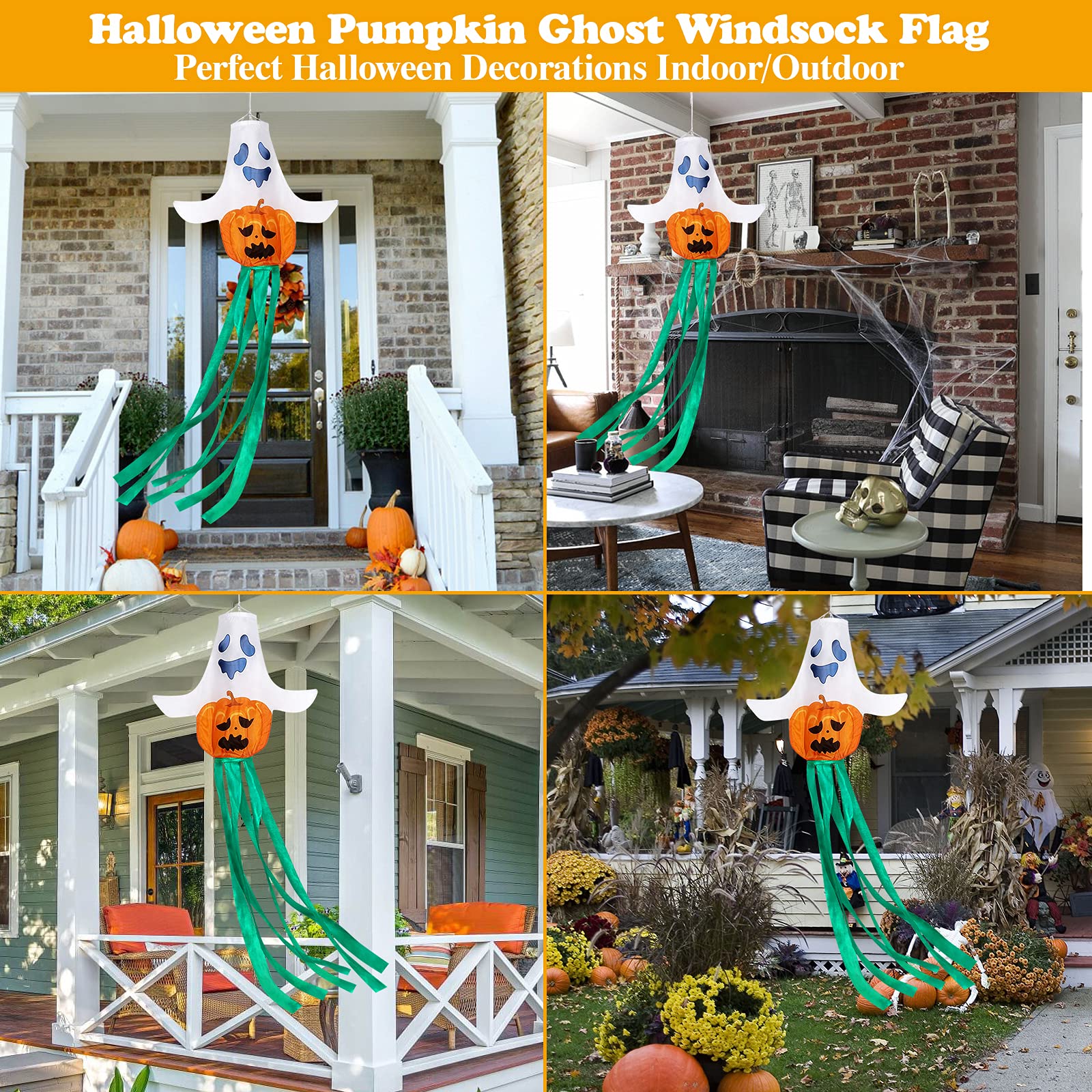 55 Inch Halloween Windsock Flag - 3D Pumpkin Ghost Hanging Decor with LED Lights | Spooky Outdoor Decorations for Yard, Patio, Lawn & Tree | Perfect for Halloween Party, Trick-or-Treat Welcome & Haunted House Theme