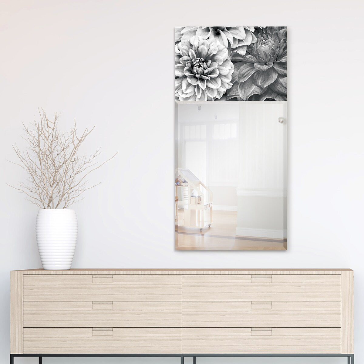 Blossoms Rectangular Beveled Mirror - Free Floating Printed Tempered Art Glass - 24 x 48 Inches - Perfect for Bedroom, Bathroom, and Entryway Decor
