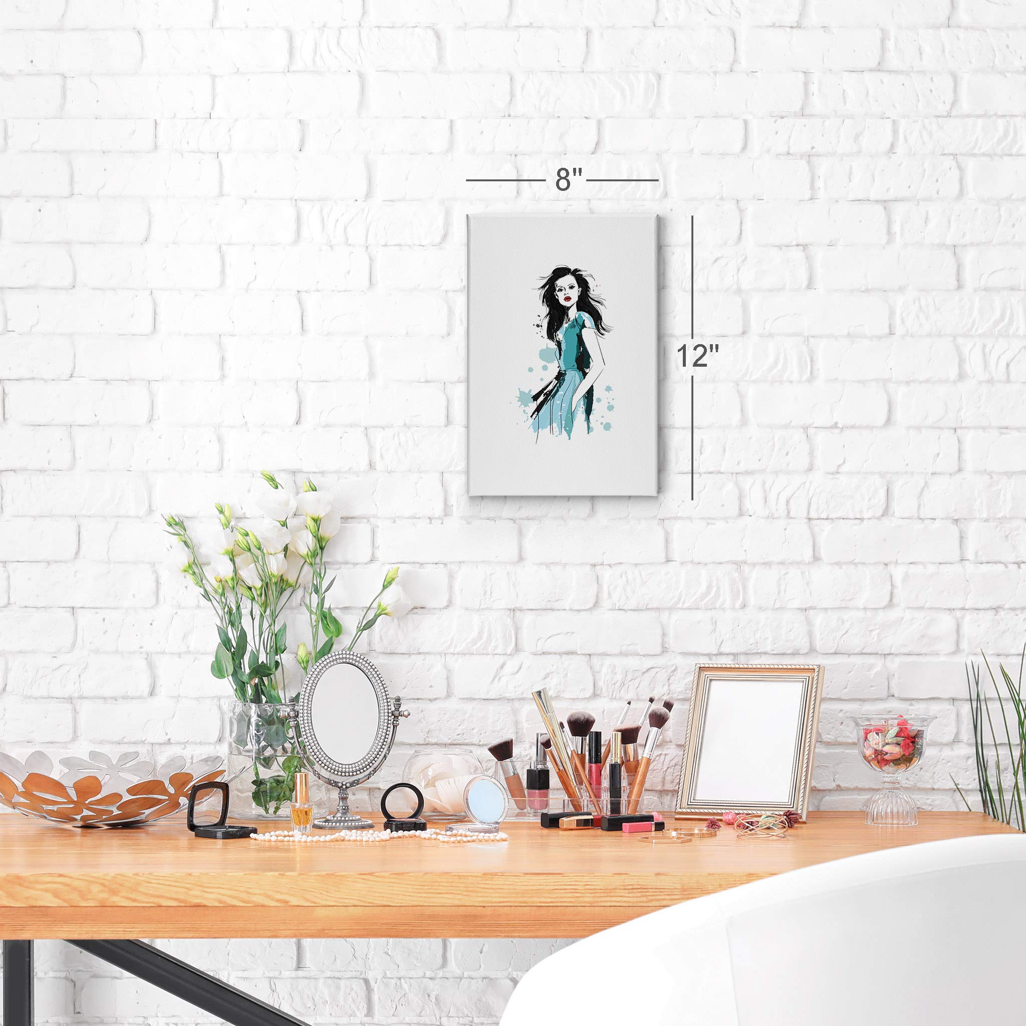 Cool Black Haired Woman in Blue Dress & Red Lips Glam Fashion Canvas Wall Art Print - Modern Home & Office Decor for Living Room, Bedroom, Bathroom, Dorm - Ready to Hang 40x30 Inches - Perfect for Women's Spaces & Gift Giving