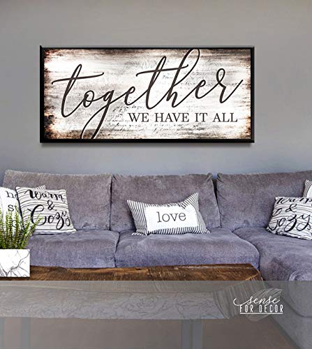 Together We Have It All Sign - Romantic Wedding & Couples Gift - Brown Wooden Wall Art with Black Floating Frame (60x27 in) - Perfect for Bedroom Decor, Anniversary Present & Home Décor