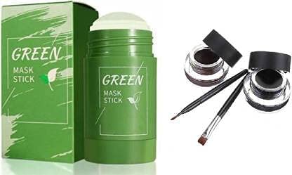 **Green Tea Facial Purifying Clay Stick Mask for Women & Girls - Oil Control, Anti-Acne, Deep Cleansing with Glycerin & Vitamin E | Includes 2 Black & Brown Gel Eyeliners with Applicator Brushes (Pack of 5) | Perfect for Oily Skin & Acne-Prone Skin Care Routine**