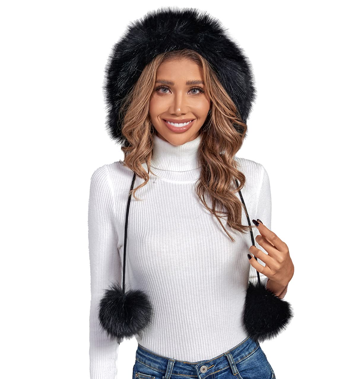 PINKGIRL Women's Faux Fur Winter Knit Beanie Hat with Ear Flaps - Fleece Lined Warm Skull Cap with Pom Pom for Skiing, Snowboarding & Outdoor Activities