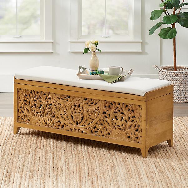 Hand Carved Indian Storage Bench - Wooden Entryway Bench with Storage, Boho Decor for Living Room, Bedroom & Hallway - Perfect for Shoe Storage, Blankets & Home Organization