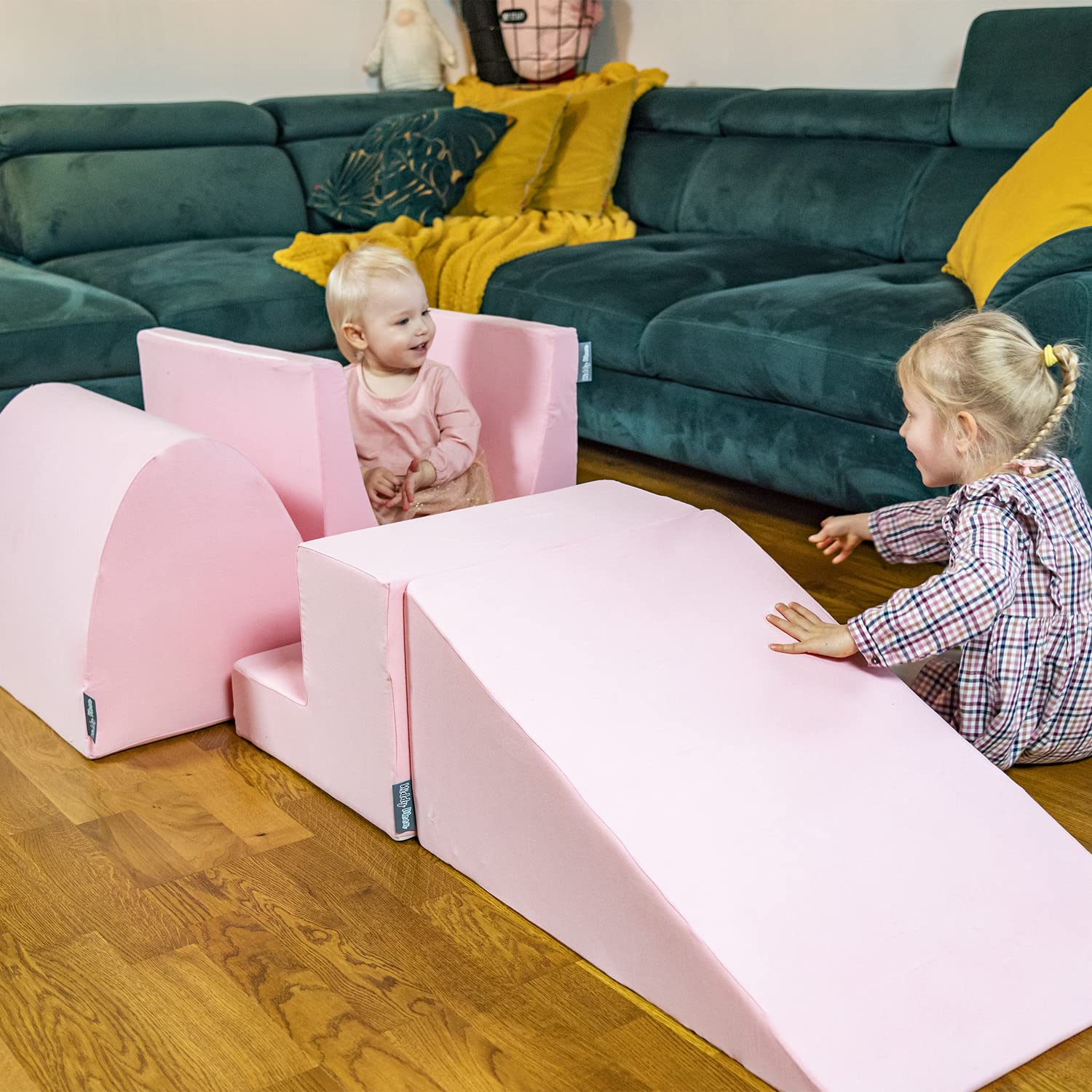 KiddyMoon Foam Play Mat with Ball Pit Square (200 Balls) for Kids - Pink Pearl/Gray/Transparent/Powder Pink | Indoor Toddler Playroom, Daycare & Birthday Party Activity