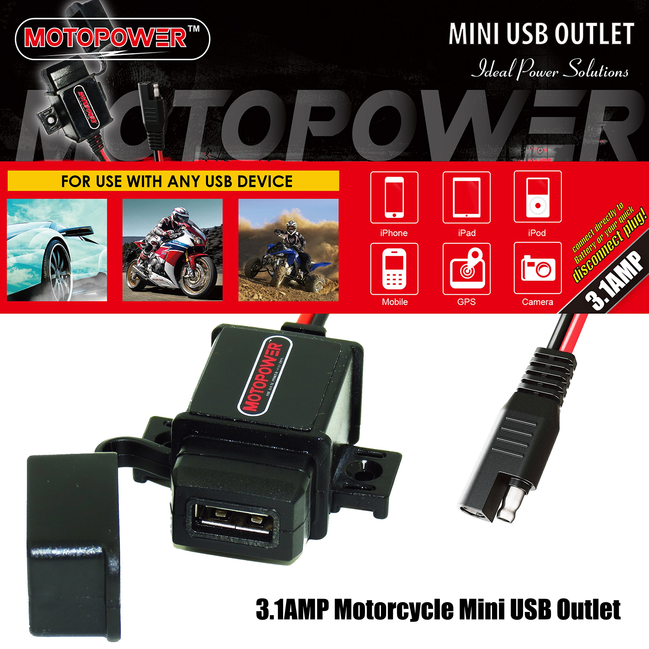 MOTOPOWER MP0609A 3.1A USB Motorcycle Charger - SAE to USB Adapter for Riding