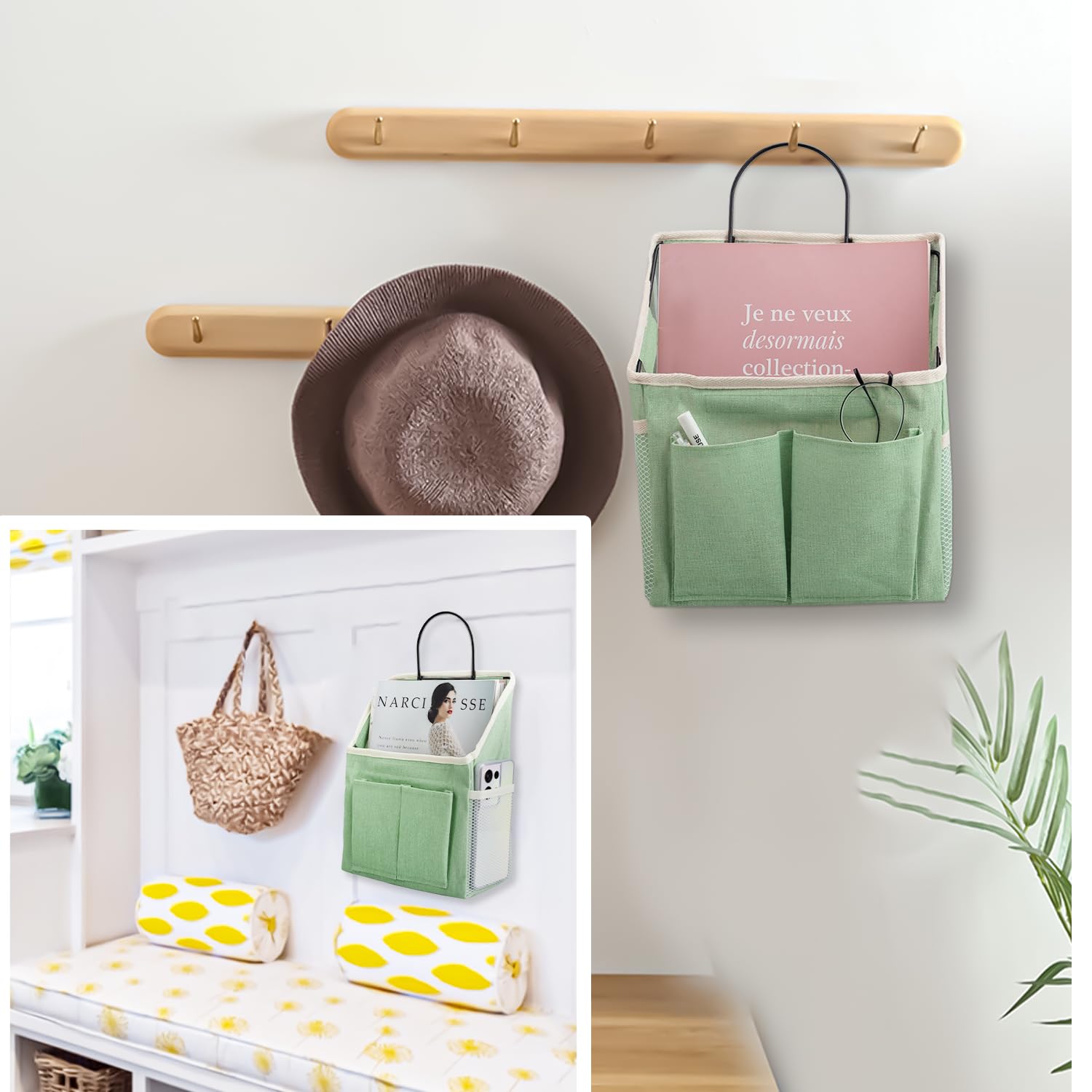 LYroo 2 Pack Green Wall Hanging Organizer with Pockets - Storage Basket for Bathroom, Bedroom, Kitchen, Dorm & RV - Perfect for Preppy Room Decor & Space Saving Organization