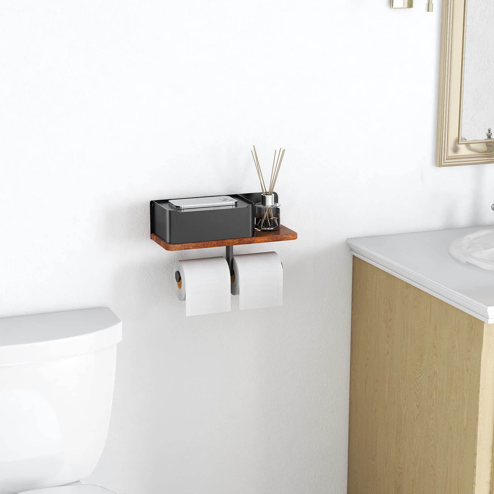 Double Roll Toilet Paper Holder with Shelf & Wipes Dispenser - Wall Mount Bathroom Storage Organizer in Black Metal & Solid Wood - Perfect for Aromatherapy, Phone Storage & Tissue Organization