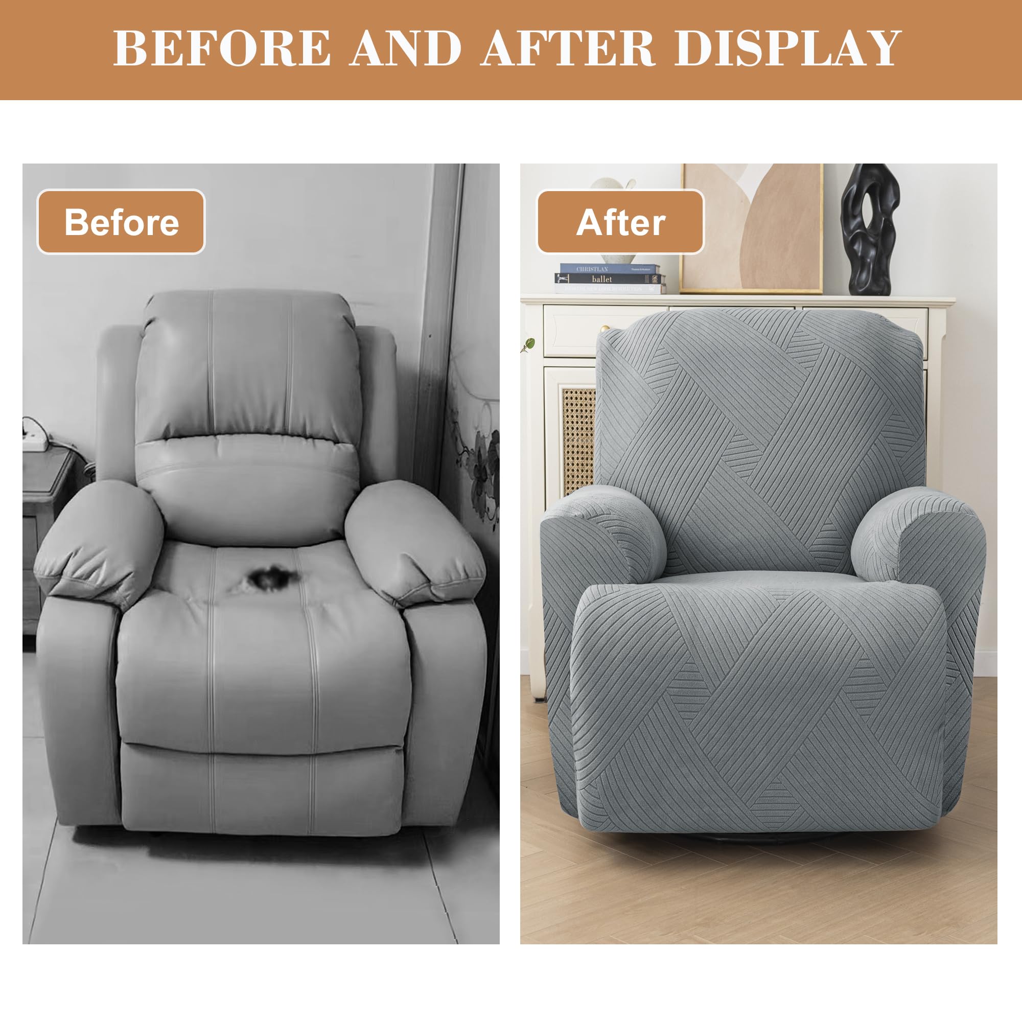**Stretch Recliner Covers 4-Piece Set - Universal Fit for Lazy Boy & Recliner Chairs, Sofa Protector with 2 Pockets - Light Gray - Perfect for Pets, Kids & Home Decor**    *(Use Case: Ideal for protecting furniture from spills, pet hair, and daily wear while adding a stylish touch to your living room or family space.)*