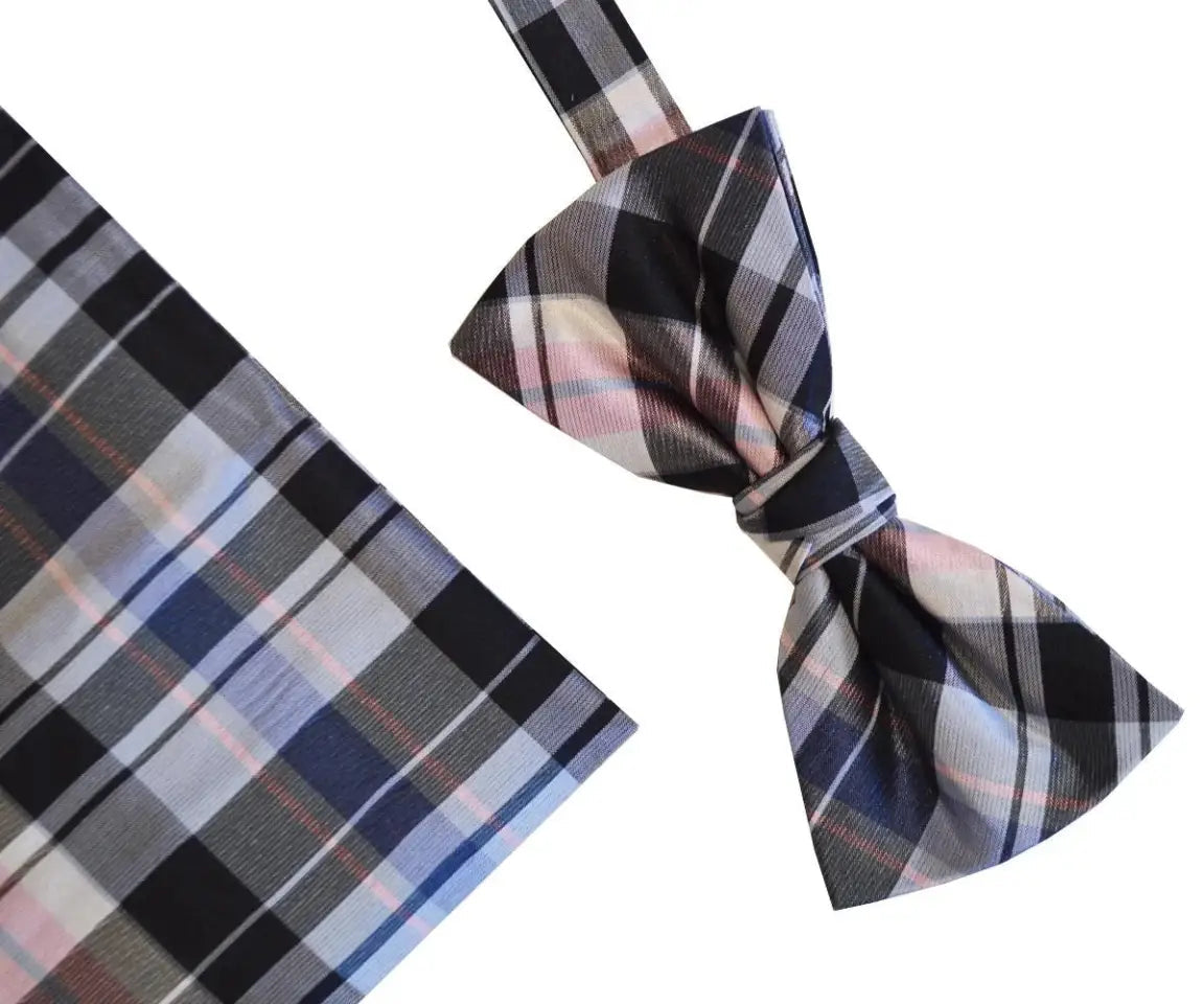 Luxury Blue and Pink Check Silk Bow Tie and Pocket Square Set - Elegant Formal Accessories for Weddings, Prom, and Special Occasions