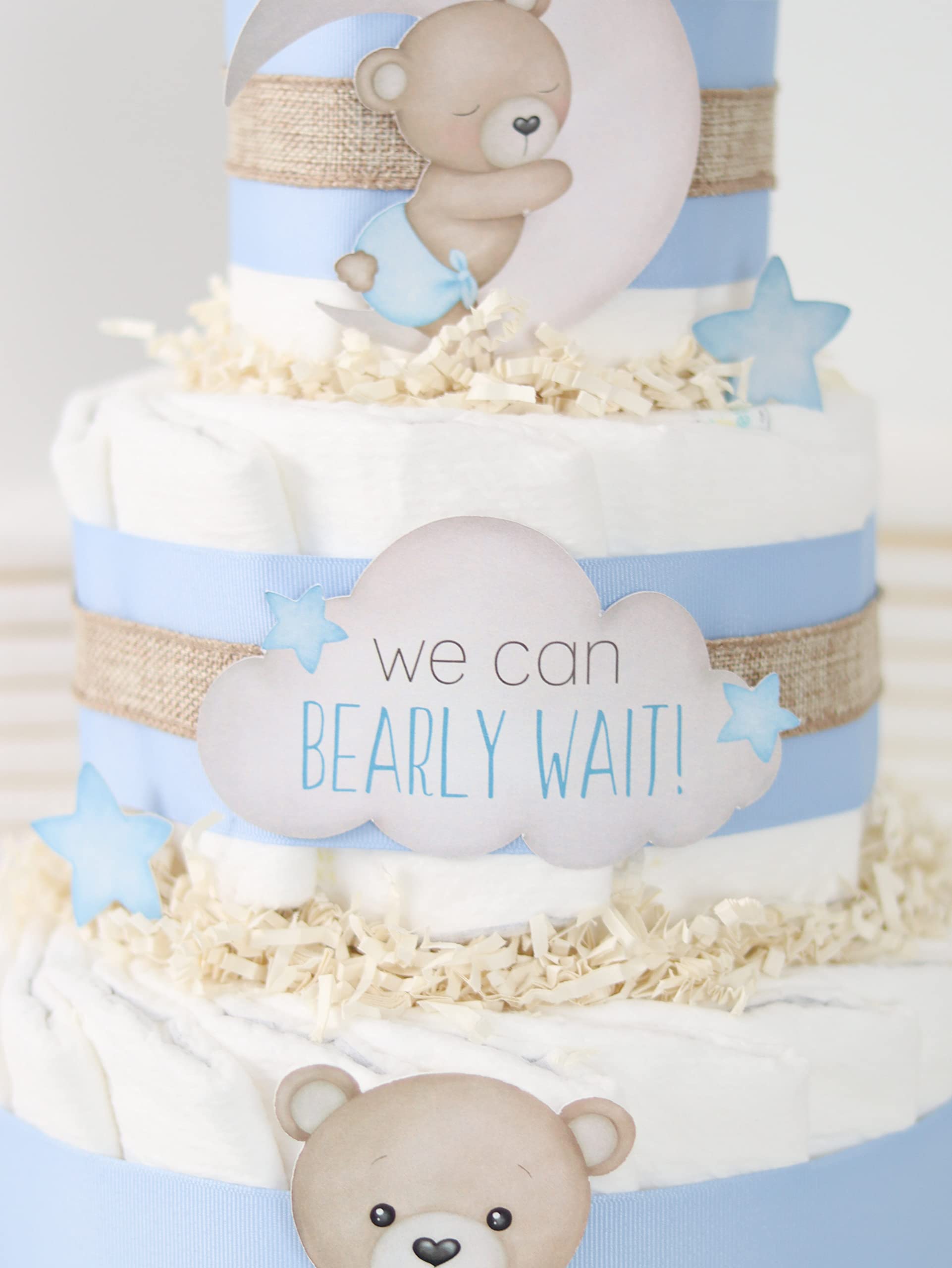 Blue Teddy Bear Diaper Cake - Adorable Baby Shower Centerpiece & Newborn Boy Gift (Moon & Stars Theme) - Perfect for Gender Reveal Parties, Nursery Decor & 1st Birthday Celebrations