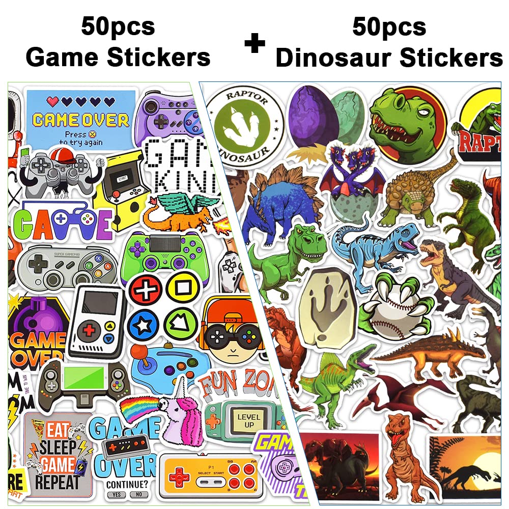 100Pcs Waterproof Vinyl Stickers for Kids - Dinosaur & Game Themed Decals for Water Bottles, Laptops, Notebooks & DIY Crafts | Fun School Supplies & Party Favors