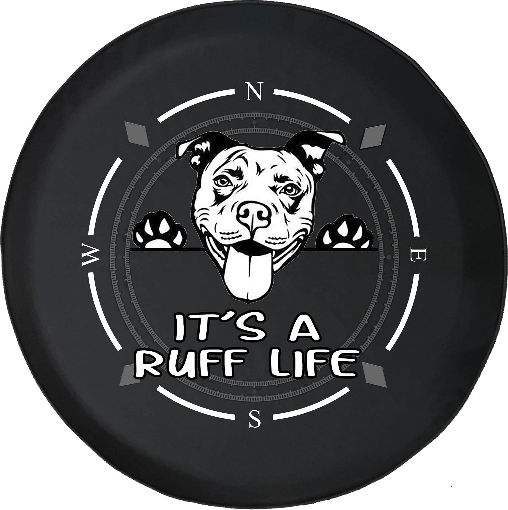 American Unlimited Spare Tire Cover with Compass Design - 'It's a Ruff Life' Pitbull Dog Pattern Wheel Cover for SUV, Trailer, RV Accessories - Durable & Weatherproof for Outdoor Adventures, Road Trips & Off-Roading