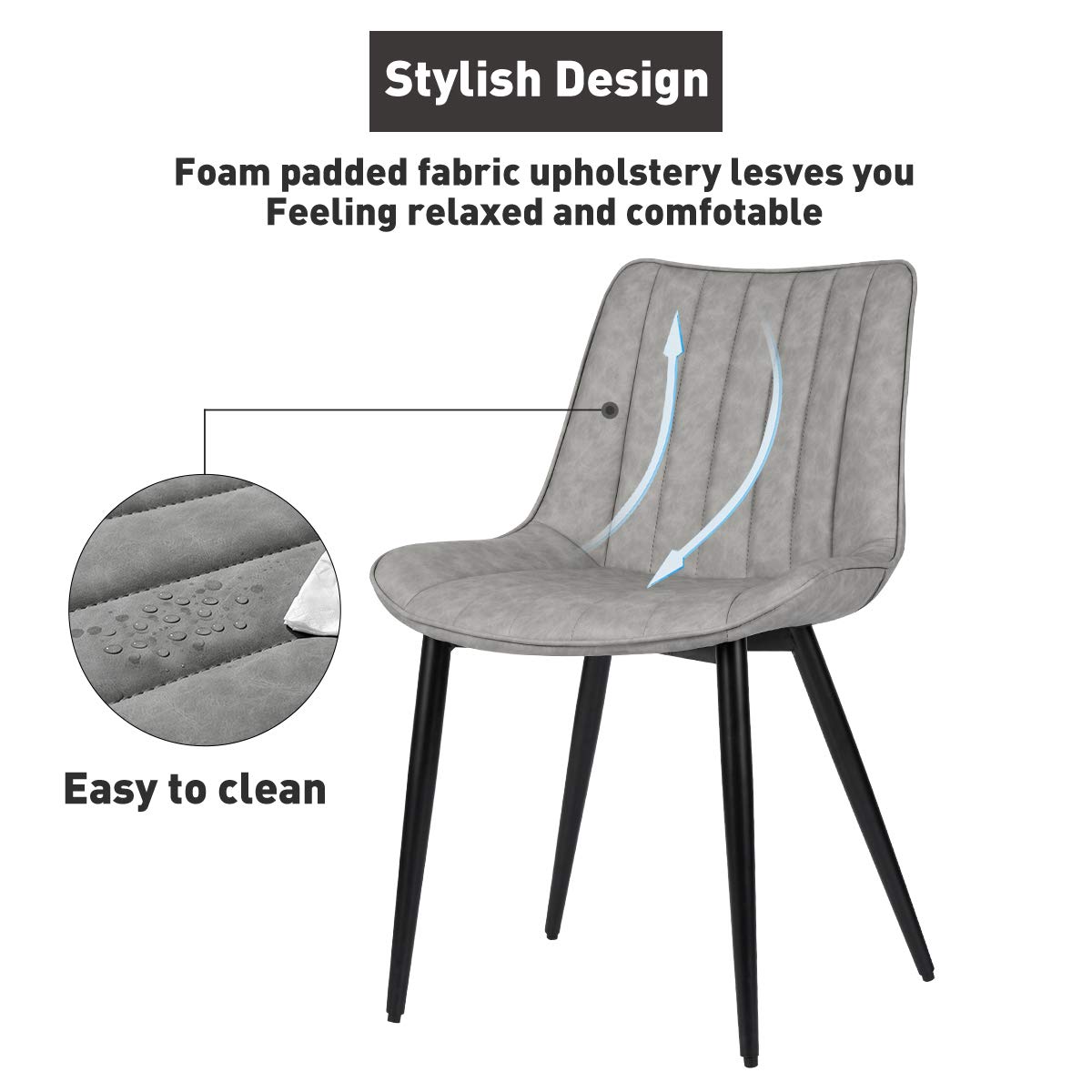 Mid Century Modern Faux Leather Dining Chairs Set of 2 - Upholstered Kitchen & Living Room Chairs with Metal Legs in Gray - Perfect for Small Spaces, Breakfast Nooks & Contemporary Dining Areas