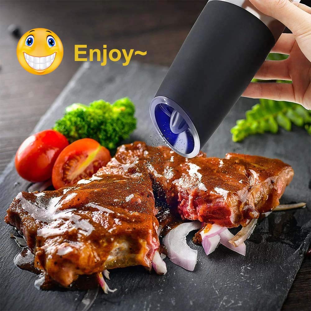 Premium Electric Salt and Pepper Grinder Set - Automatic Gravity Spice Mill with Adjustable Coarseness & Blue LED Light - Rechargeable Battery Operated - Perfect for Kitchen, Dining Table, Camping, and Gifts
