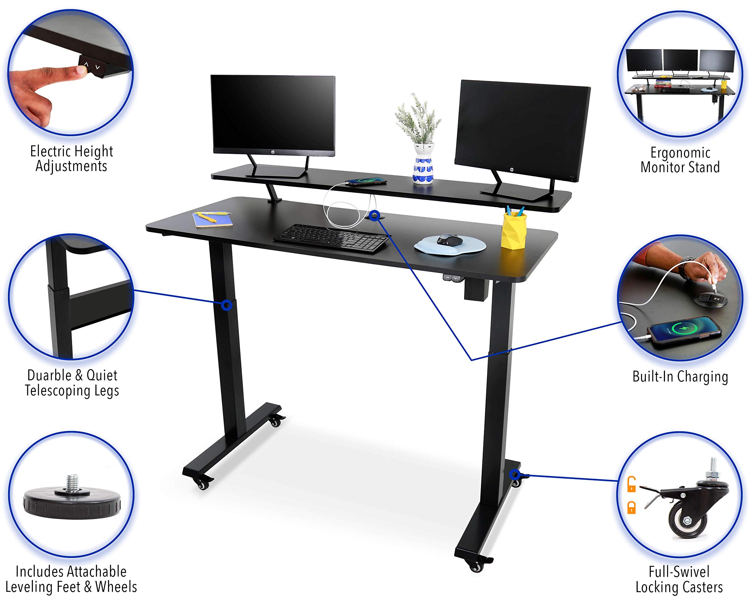 Tranzendesk Power 55 Inch Electric Standing Desk with Built-In Charging | Height Adjustable Stand Up Desk with Clamp-On Shelf | Electronic Desk with 1 AC Outlet & 2 USB Ports (55/Black) | Perfect for Home Office, Gaming Setup & Workspace Ergonomics