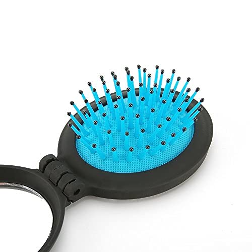 NuAngela Mini Folding Hair Brush with Mirror - Compact Travel Hairbrush for Purse, Gym & Car - Portable Pop Up Comb for Women & Men (Blue & Pink) - Perfect for On-the-Go Styling & Quick Touch-Ups