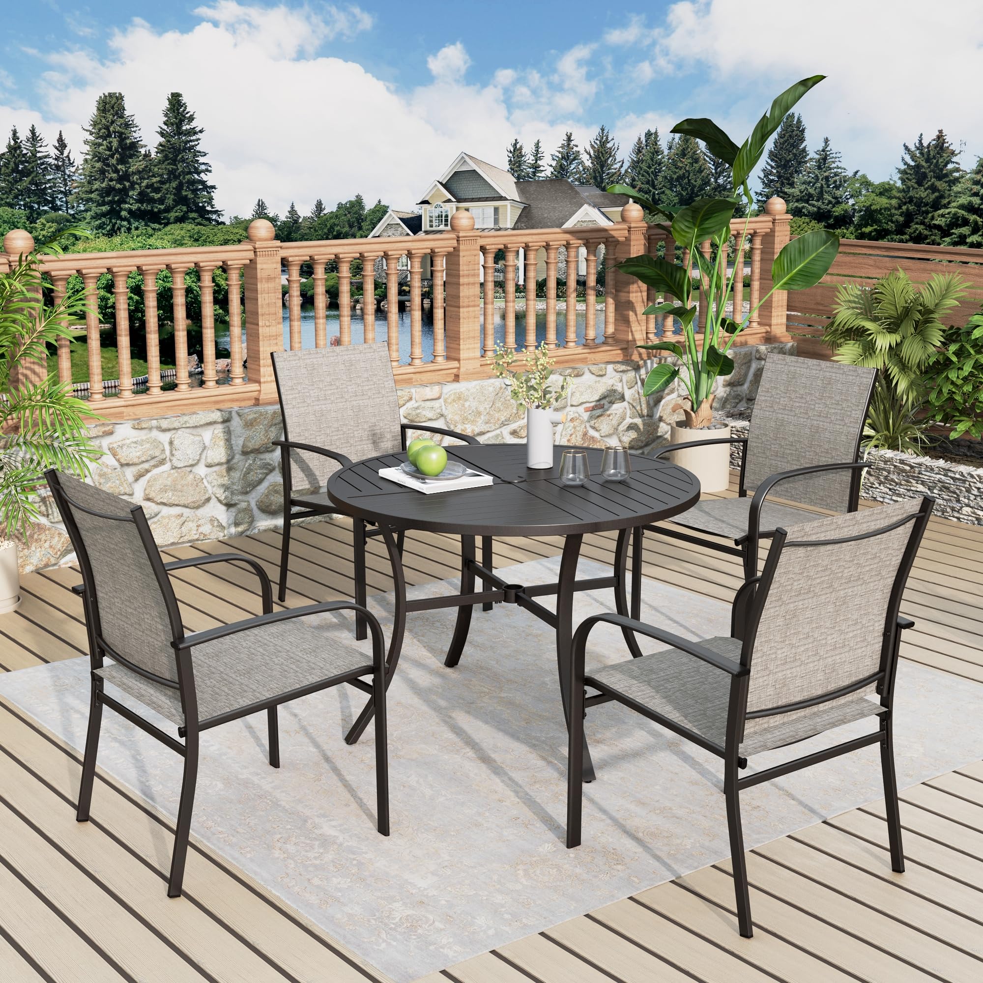 5-Piece Outdoor Dining Set - Round Metal Patio Table & 4 Brown Chairs for 4 People - Perfect for Deck, Garden, Backyard, Lawn & Poolside Gatherings
