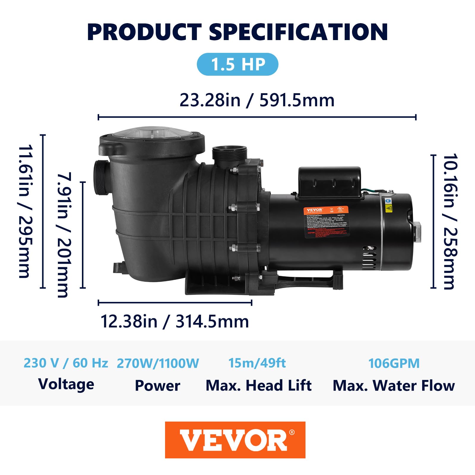 VEVOR 1.5 HP 230V 1100W Double Speed Above Ground Pool Pump with Strainer Basket - 5400 GPH Max Flow, ETL Certified | Ideal for Inground & Above Ground Pools, Backyard Swimming Pools, Water Circulation & Filtration Systems