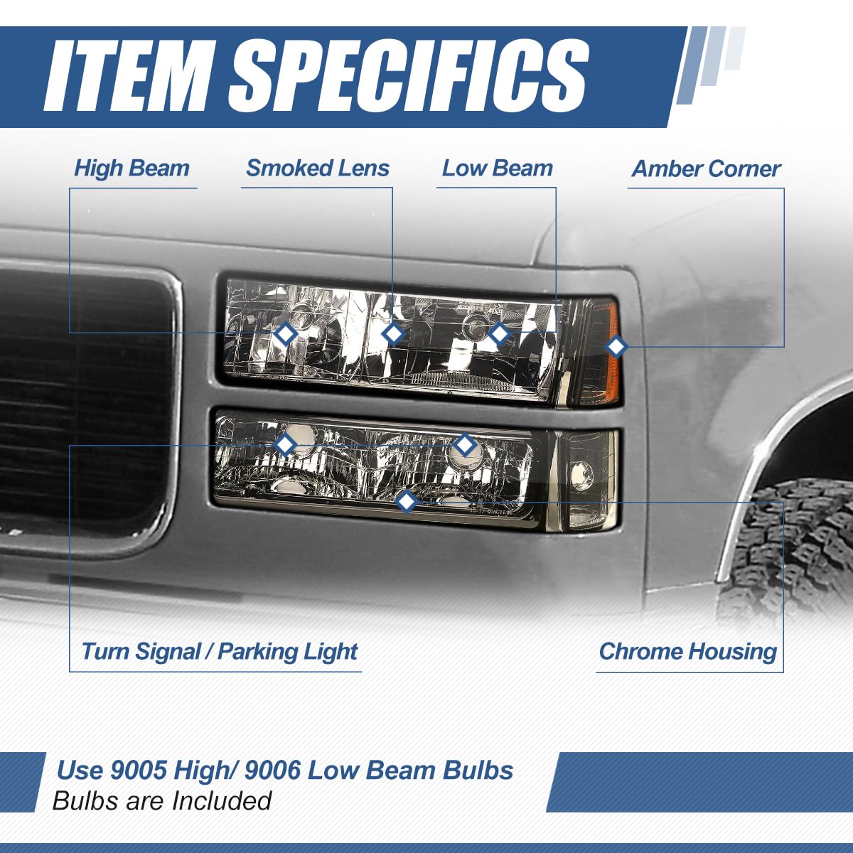 Auto Dynasty Headlights for 1994-1998 Chevy C10 Silverado - 8Pcs Halogen Kit with Smoked Lens - Perfect for Off-Road & Night Driving