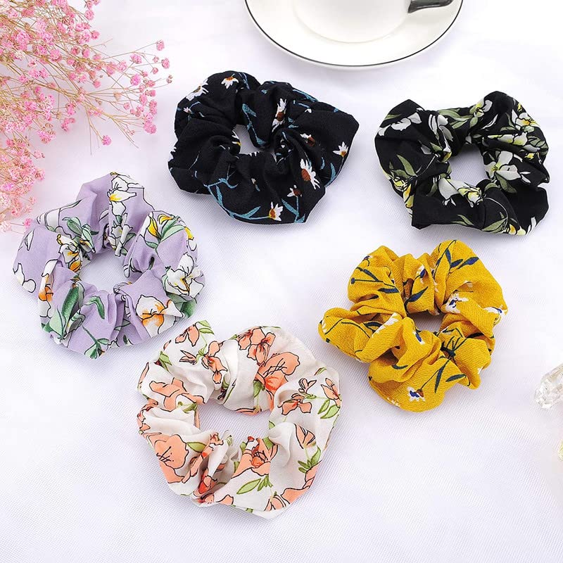 Staila 5-Piece Chiffon Flower Headbands & 5-Piece Satin Hair Scrunchies Set - Soft Elastic Hair Ties for Women & Girls (10-Pack) - Perfect for School, Work, Parties & Everyday Hair Accessories