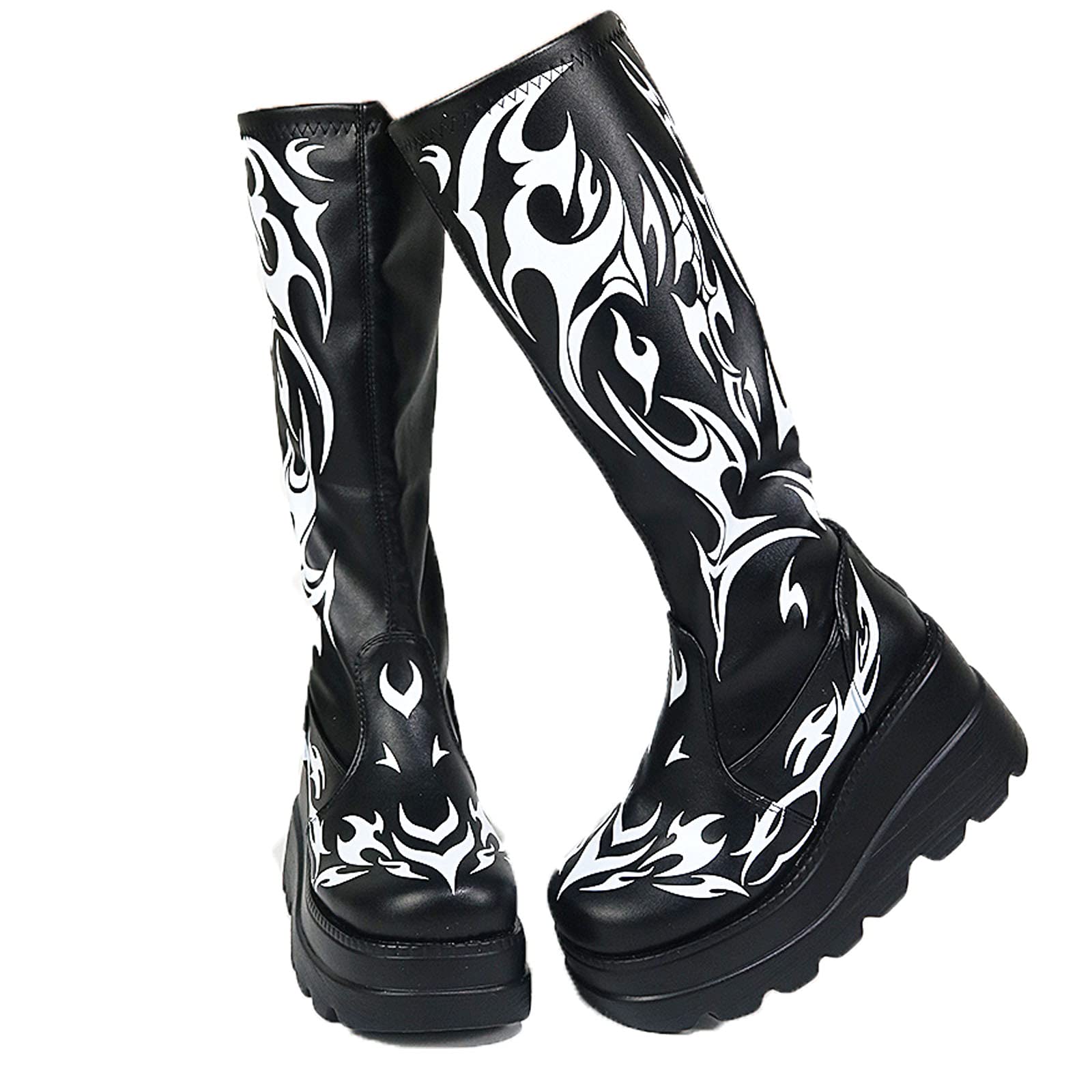 Erocalli Women's Gothic Platform Boots - Wedge Heel Mid Calf Combat Motorcycle Boots | Perfect for Gothic Fashion, Night Out, Biker Riding & Alternative Style