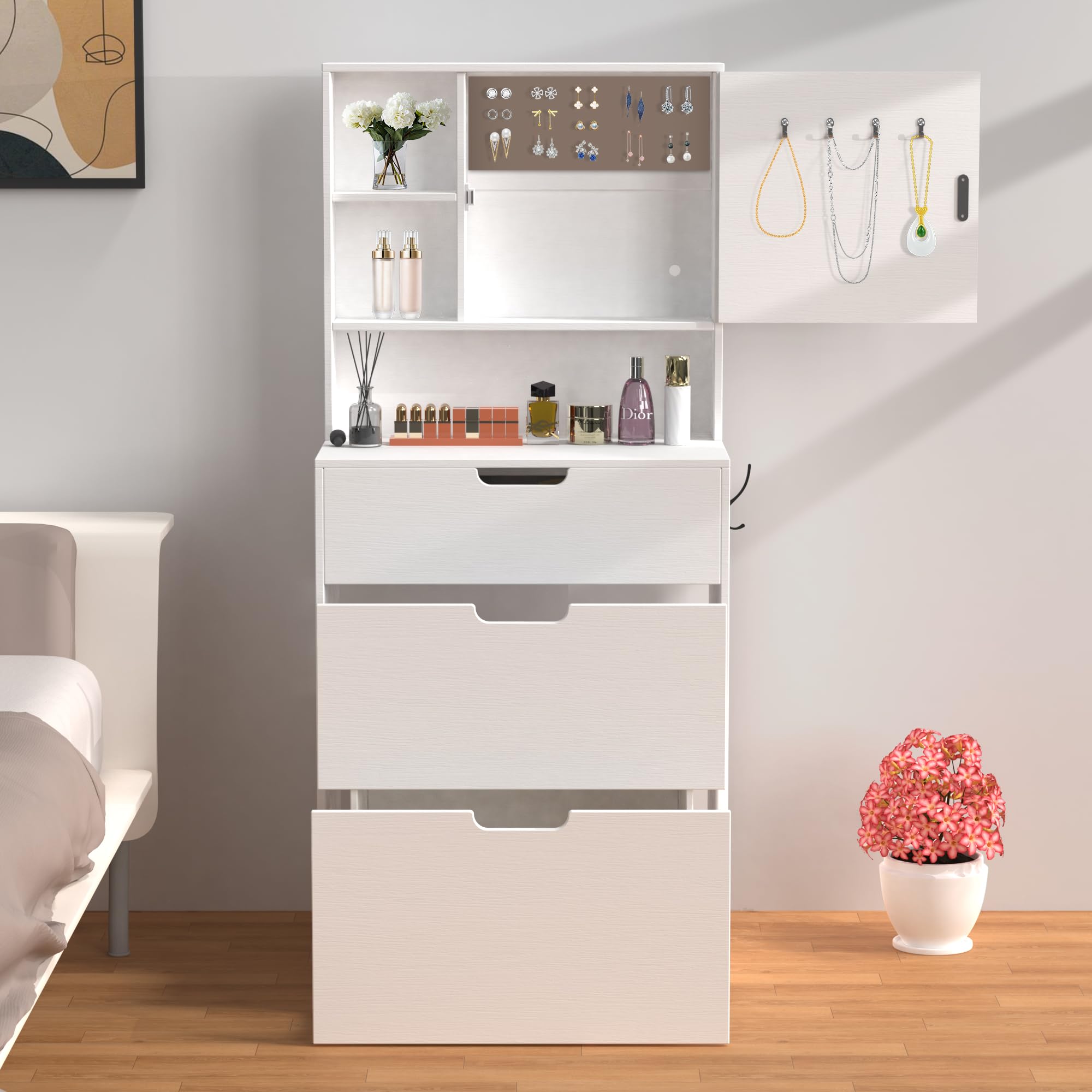Compact White Makeup Vanity Set with 3 Adjustable LED Mirrors, Storage Chair & Power Outlets - Space-Saving Dressing Table for Small Bedrooms, Apartments & Dorm Rooms - Perfect for Daily Beauty Routine & Makeup Organization