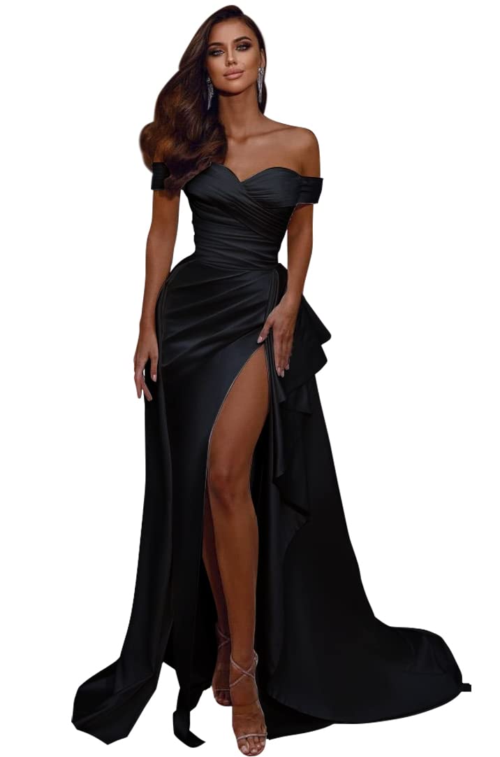 Elegant Off Shoulder Prom Dresses 2024 | Mermaid Slit Formal Evening Gowns | Satin Wedding Party Dresses for Women | Perfect for Homecoming, Prom Night & Special Occasions