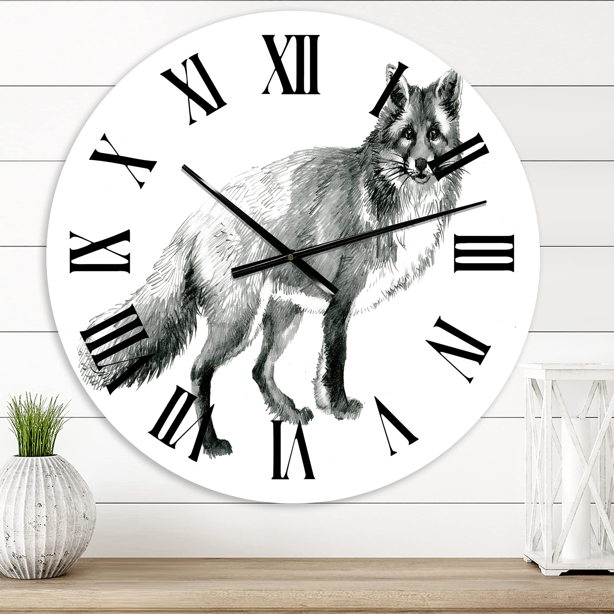 Farmhouse Wall Clock - Large Monochrome Portrait Fox Design for Living Room, Kitchen, Bedroom & Office Decor | Rustic Animal-Themed Home Wall Art