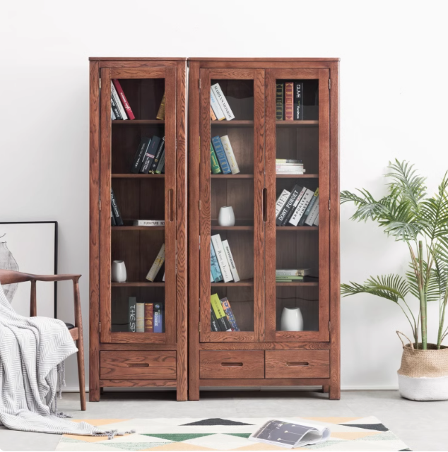 Oak Solid Wood Nordic Bookcase with Glass Door - Modern Bookshelf for Living Room, Office & Study - Perfect for Home Decor & Storage