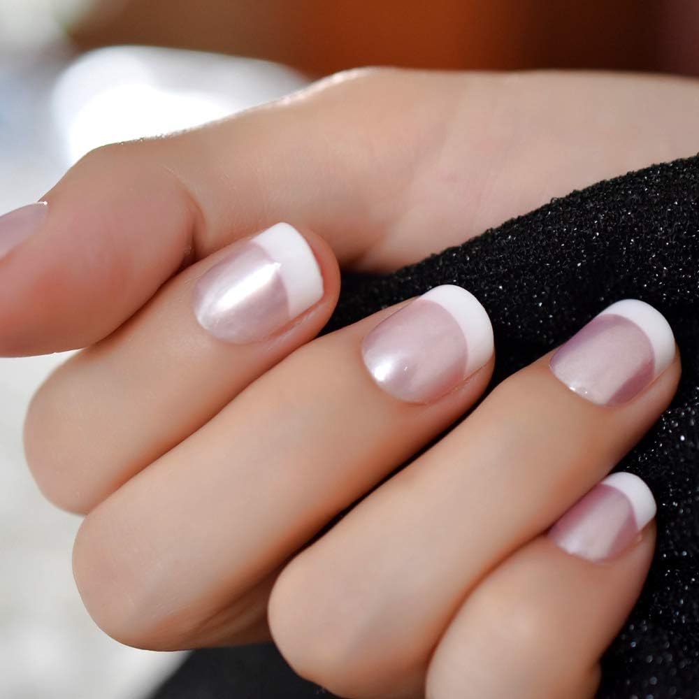 Glossy Pearl Pink & White French Press On Nails - Short Squoval Fake Nails for Women | Reusable Salon Manicure Tips | Perfect for Summer, Weddings & Special Occasions | Nail Art Gift for Women & Girls