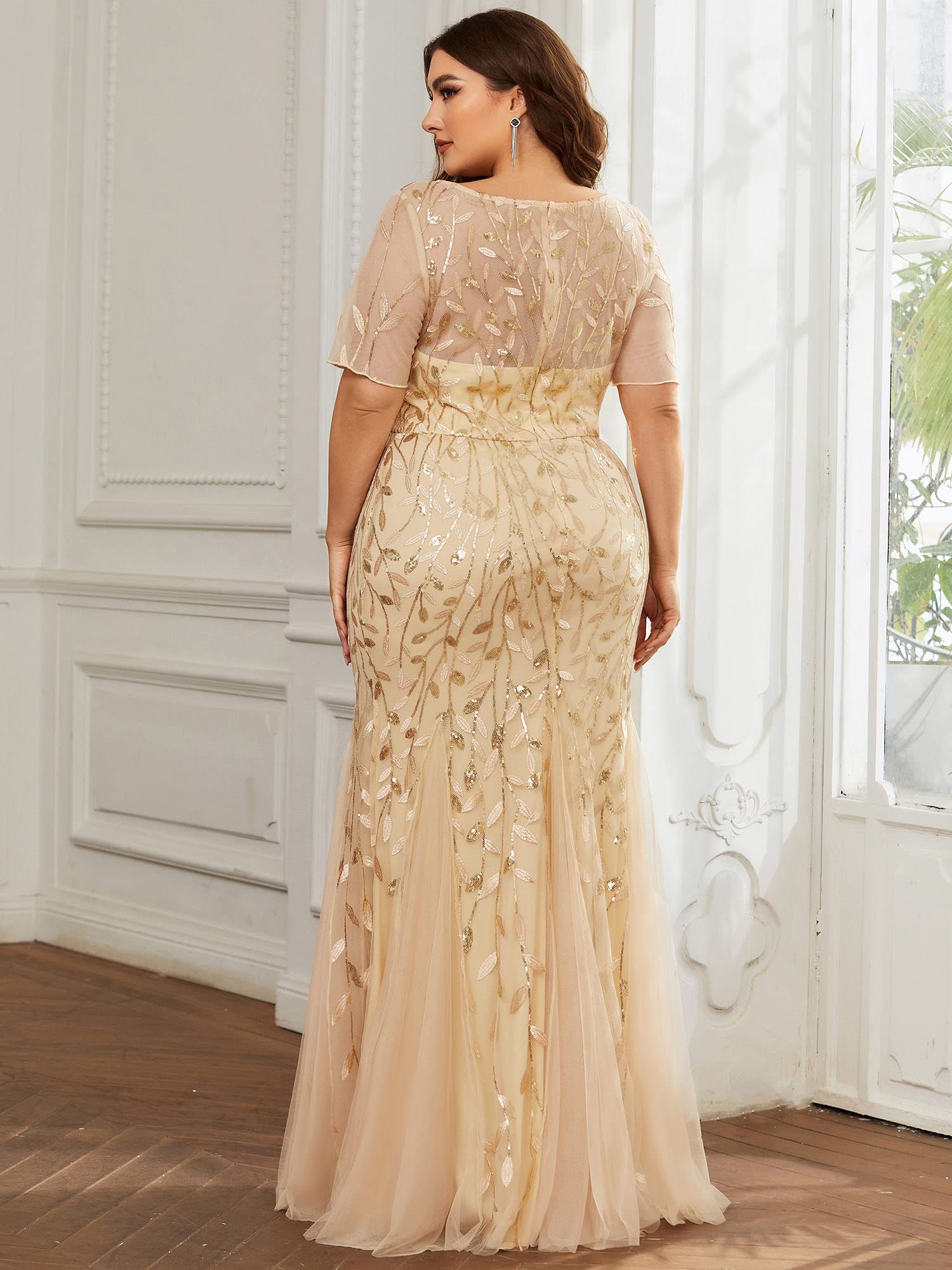 Ever-Pretty Women's Plus Size Embroidery Sequin Short Sleeve Bodycon Maxi Formal Dress 07707-PZUSA - Elegant Evening Gowns for Weddings, Prom & Special Occasions
