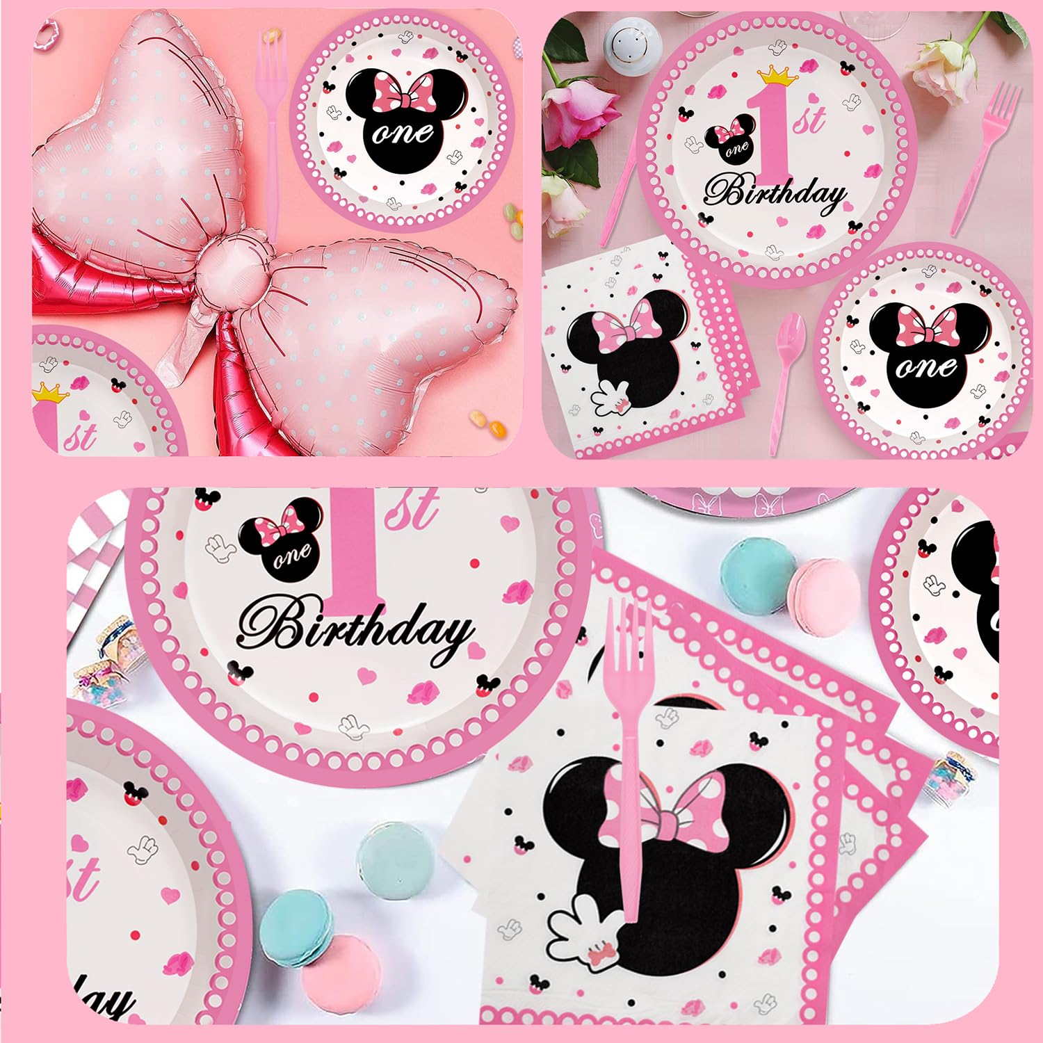 96pcs Pink Minnie Mouse Party Supplies - First Birthday Decorations Set with Plates, Napkins & Forks for Girls | Perfect for Minnie Mouse Themed 1st Birthday Parties, Baby Showers & Disney Celebrations