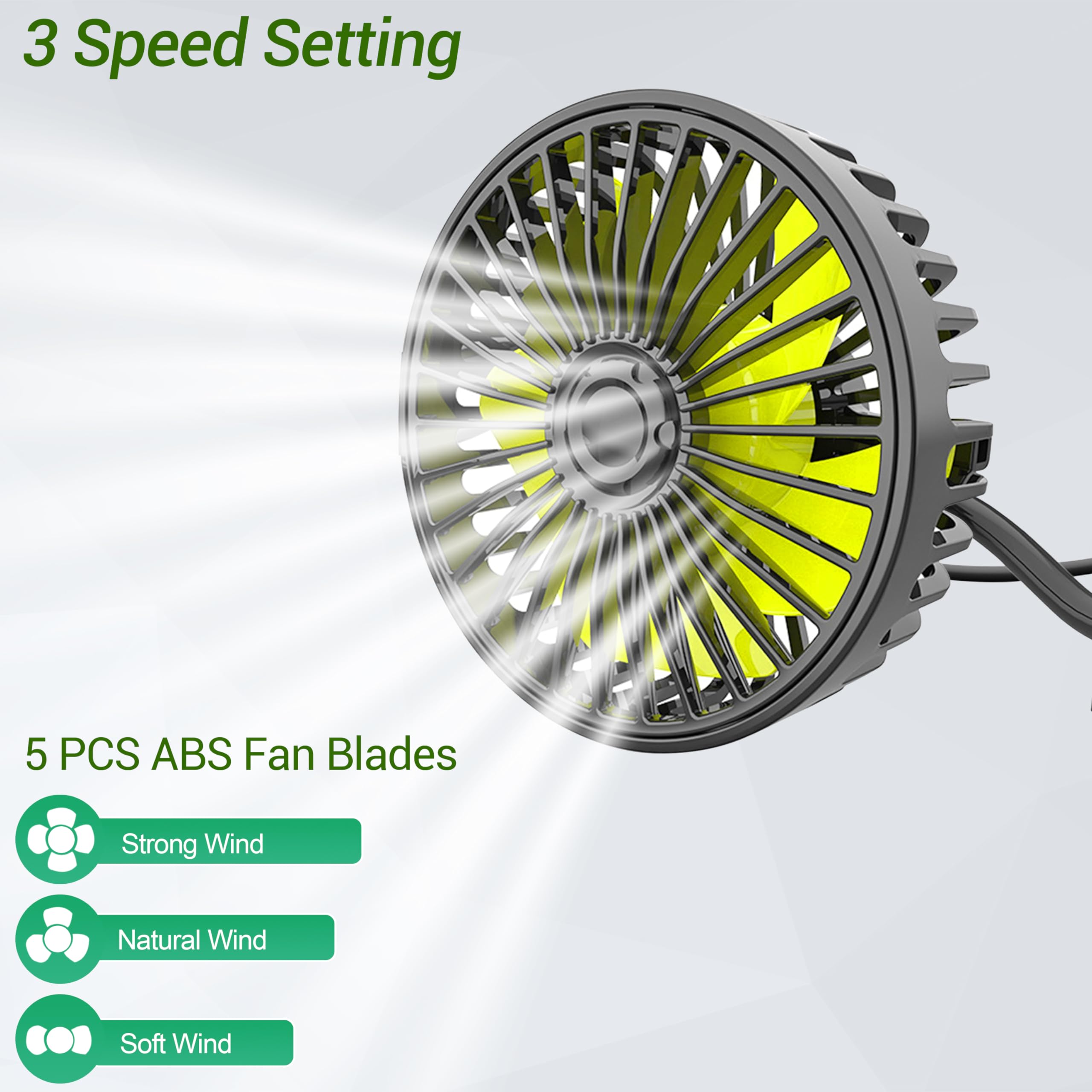 Qidoe USB Car Fan - 360° Rotatable Portable Cooling Fan for Rear Seat Passengers with 3 Speed Settings | Perfect for Cars, SUVs, RVs, ATVs, Boats & Trucks | Stay Cool During Road Trips & Summer Commutes