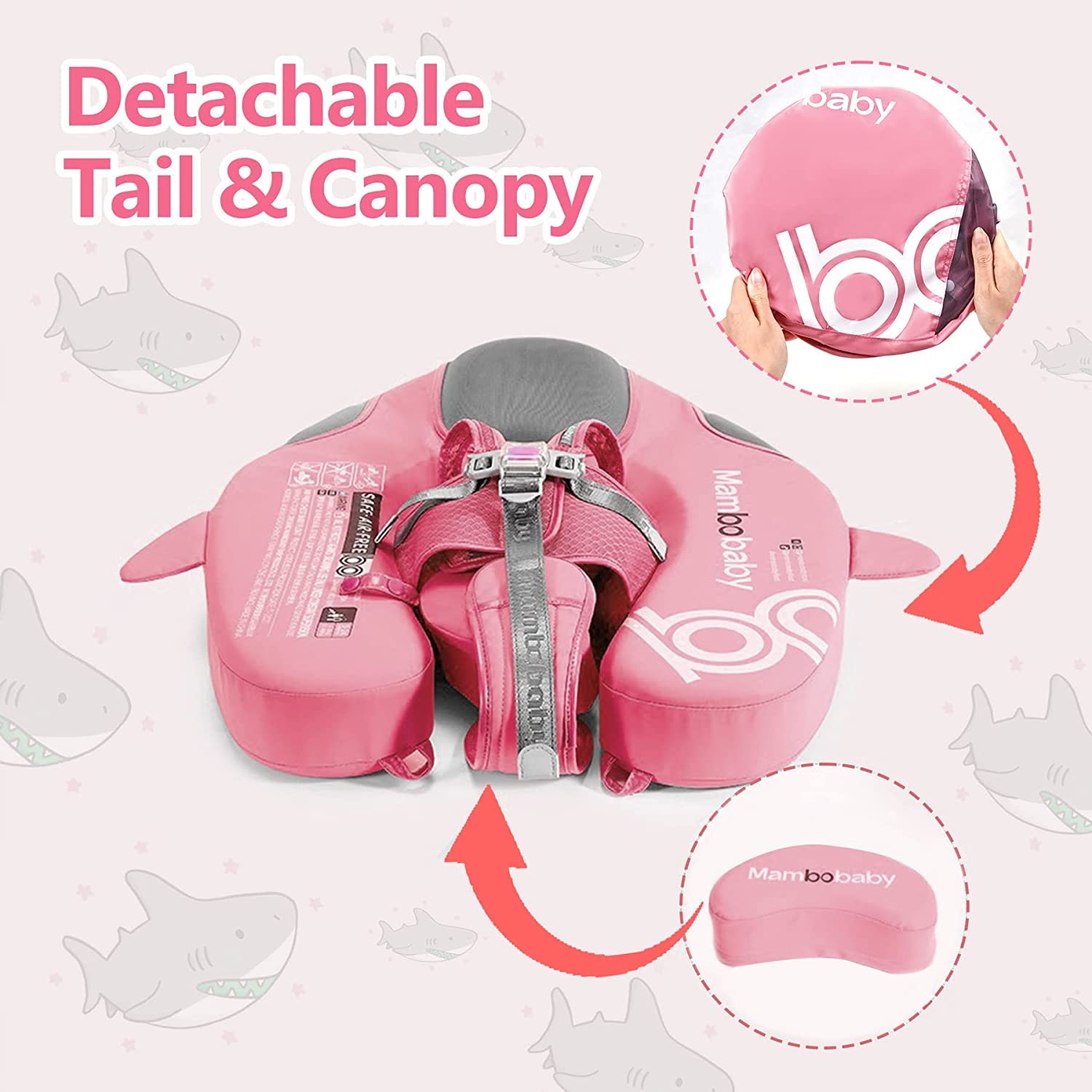Mambobaby Non-Inflatable Baby Float with Canopy & Tail - Safe Swim Trainer for Toddlers Boys & Girls (Narwhal-Pink) | Pool Flotation Device for Summer Water Play & Learning to Swim