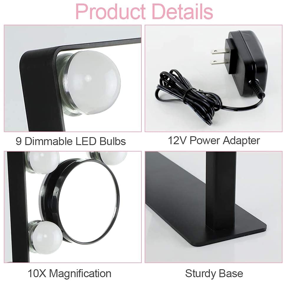 Hollywood Vanity Mirror with LED Lights - 14x12 Inch Makeup Mirror with 9 Dimmable Bulbs, Touch Control, 3 Lighting Modes, 10X Magnification & 360° Rotation - Perfect for Makeup, Skincare & Hairstyling (Black, 35x30 cm)