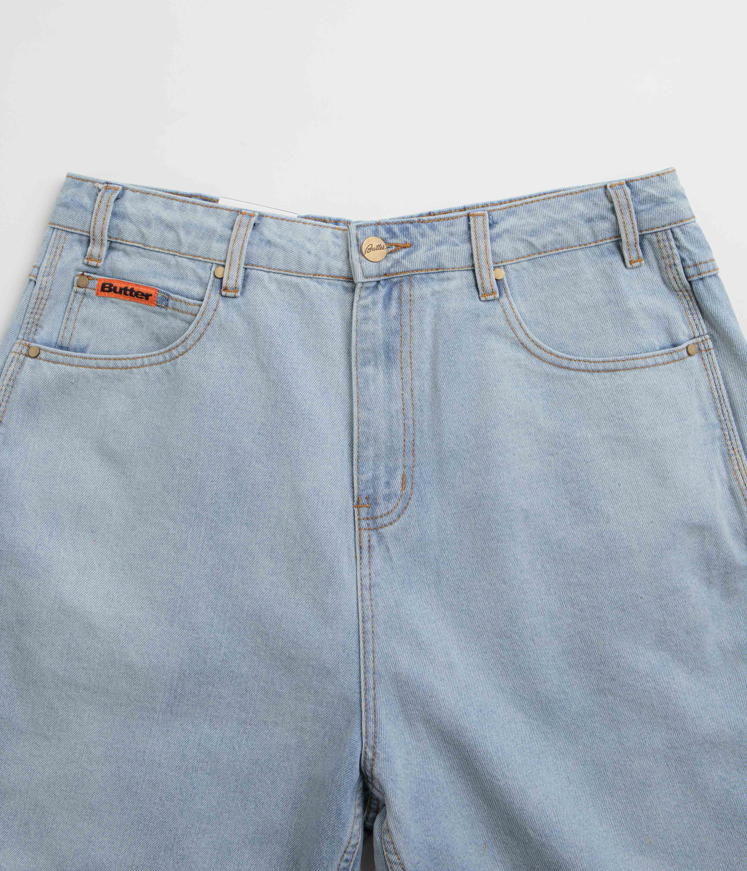Butter Goods Baggy Denim Shorts for Men - Light Blue Washed Distressed Denim Shorts | Casual Streetwear, Summer Outfits, Beach Style