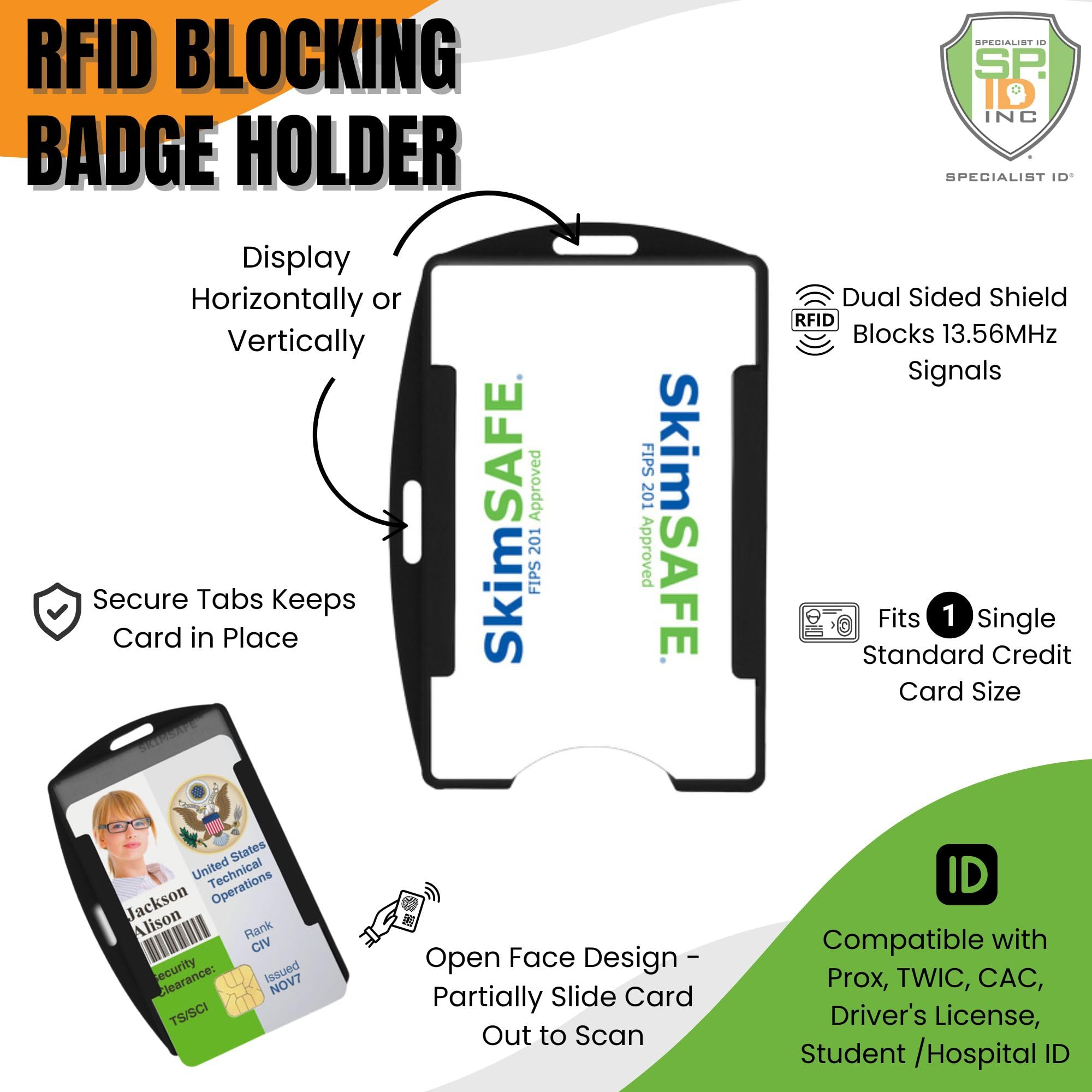 Specialist ID Black RFID Blocking ID Badge Holder - Secure 1 Card Holder with 13.56MHz Signal Protection for Work, Office & Security Professionals