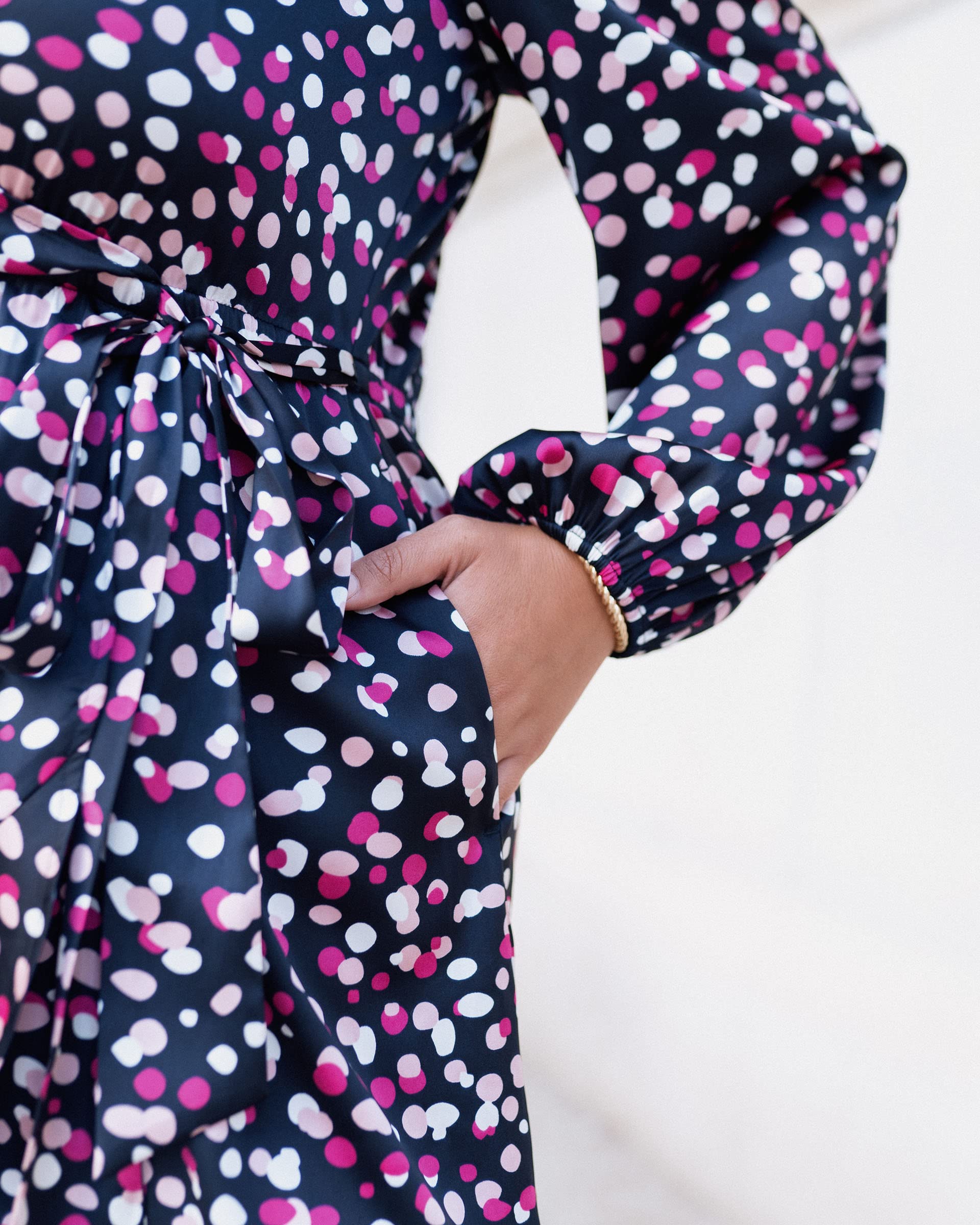 The Drop Women's Pink Polka Dot Faux Wrap Front Long Sleeve Dress by @caralynmirand - Elegant Office Wear & Spring Party Cocktail Dress
