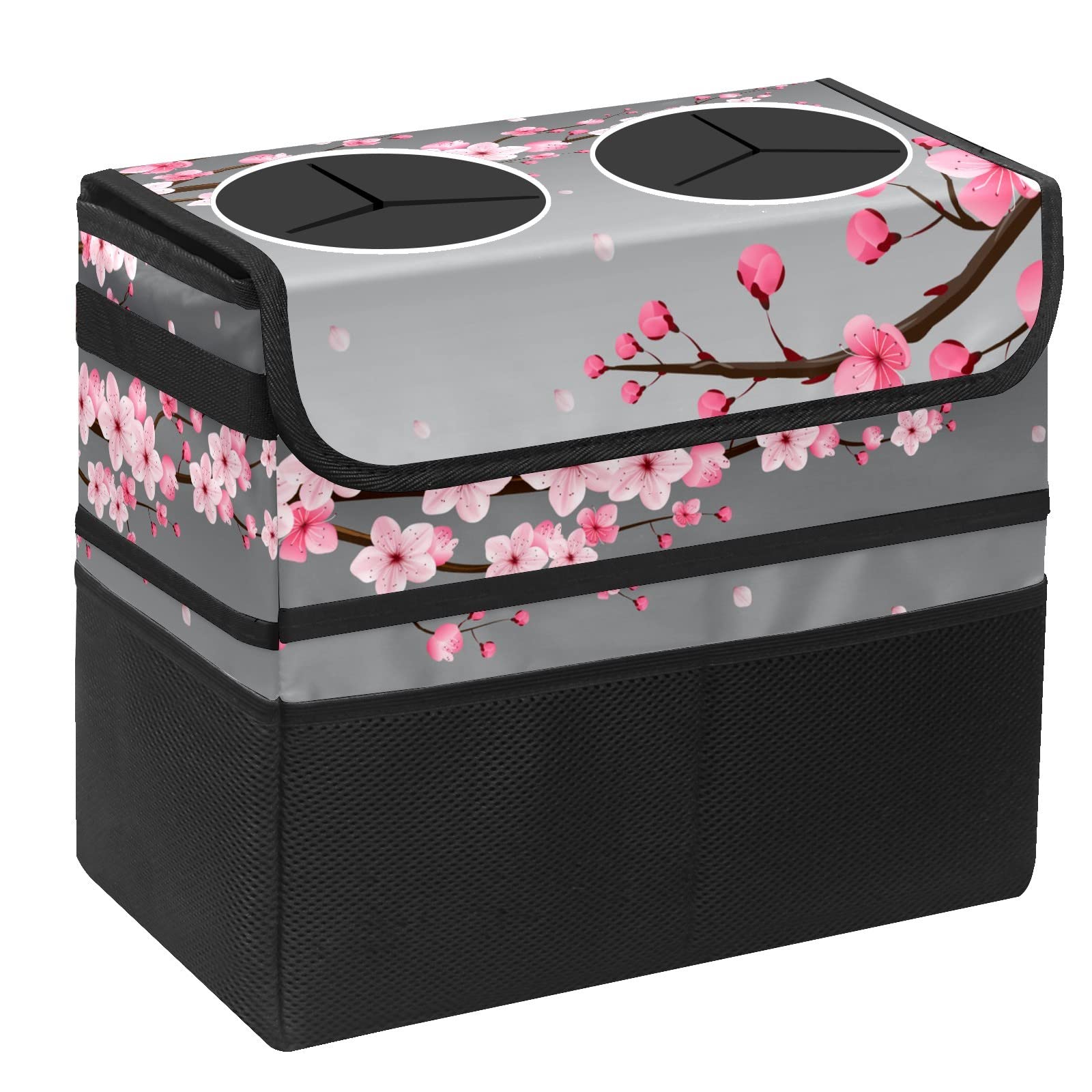 Medium-Sized Leak-Proof Waterproof Car Trash Can with Lid - Pink Cherry Blossom Design, Foldable & Portable Headrest Trash Bag with Storage Mesh - Perfect for Road Trips, Commuting & Keeping Your Vehicle Clean