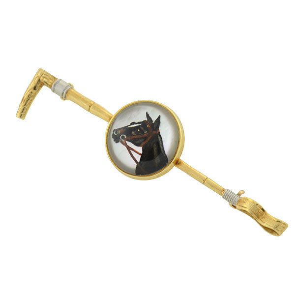 14K Gold Crystal Horse & Crop Hunting Pin by MARCUS & CO. - Elegant Equestrian Jewelry for Horse Lovers, Perfect for Fox Hunting Events & Country Club Attire