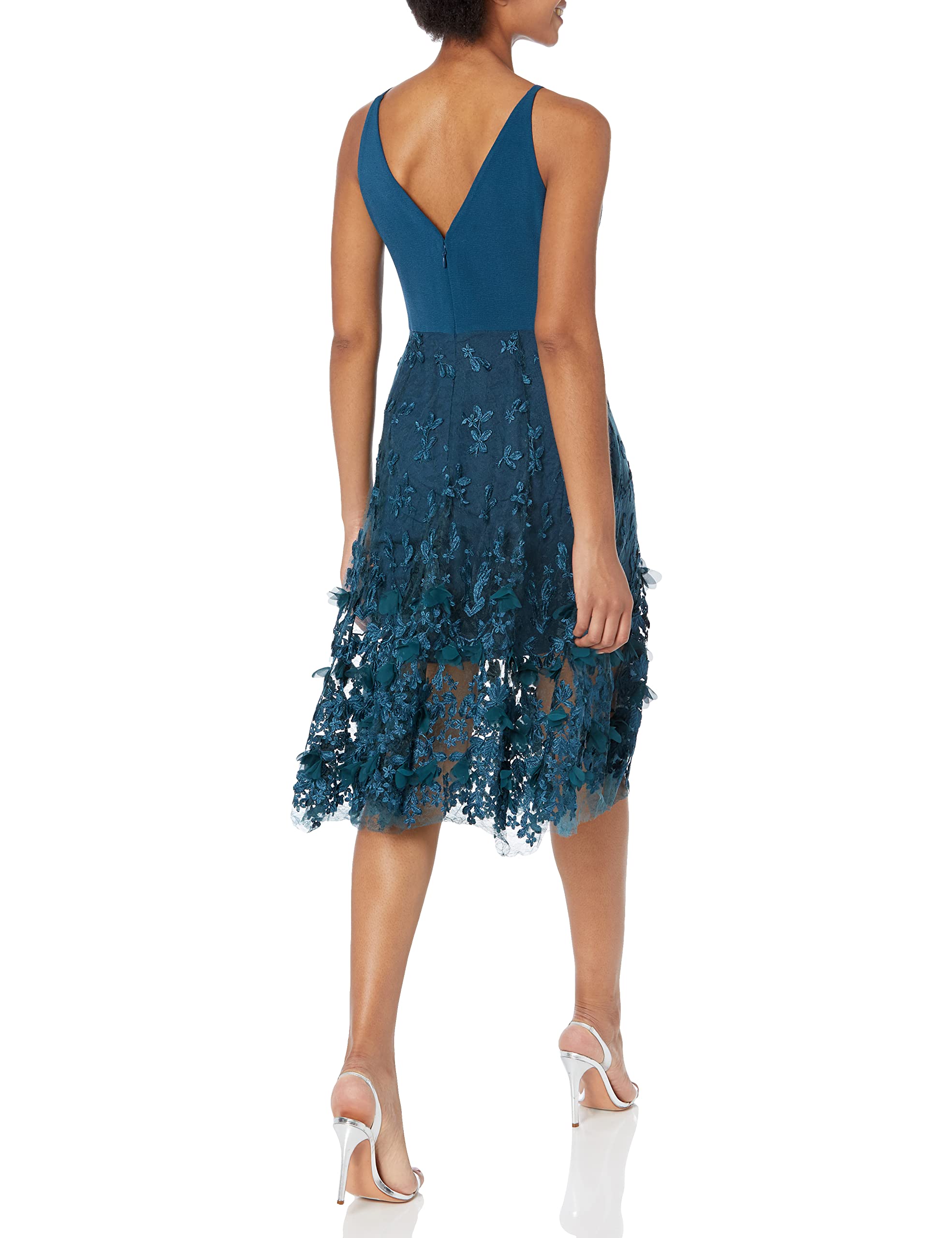 Dress the Population Women's Darleen Sleeveless Plunging V-Neck Fit & Flare Midi Dress - Perfect for Cocktail Parties, Weddings & Special Occasions