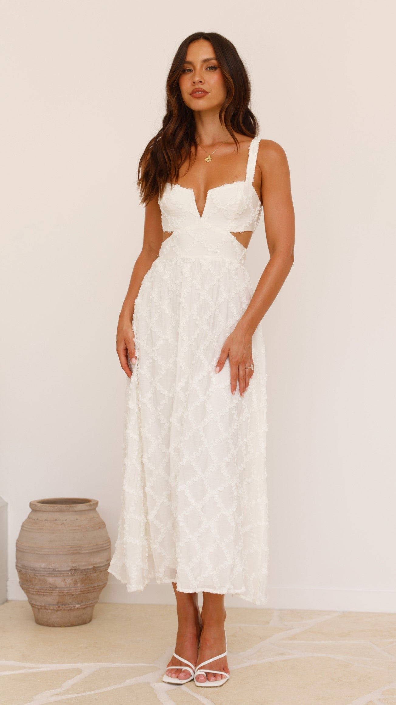 Jenny Side Cut Midi Dress in Cream - Elegant Flowy Summer Dress for Women, Perfect for Beach Vacations, Date Nights & Cocktail Parties
