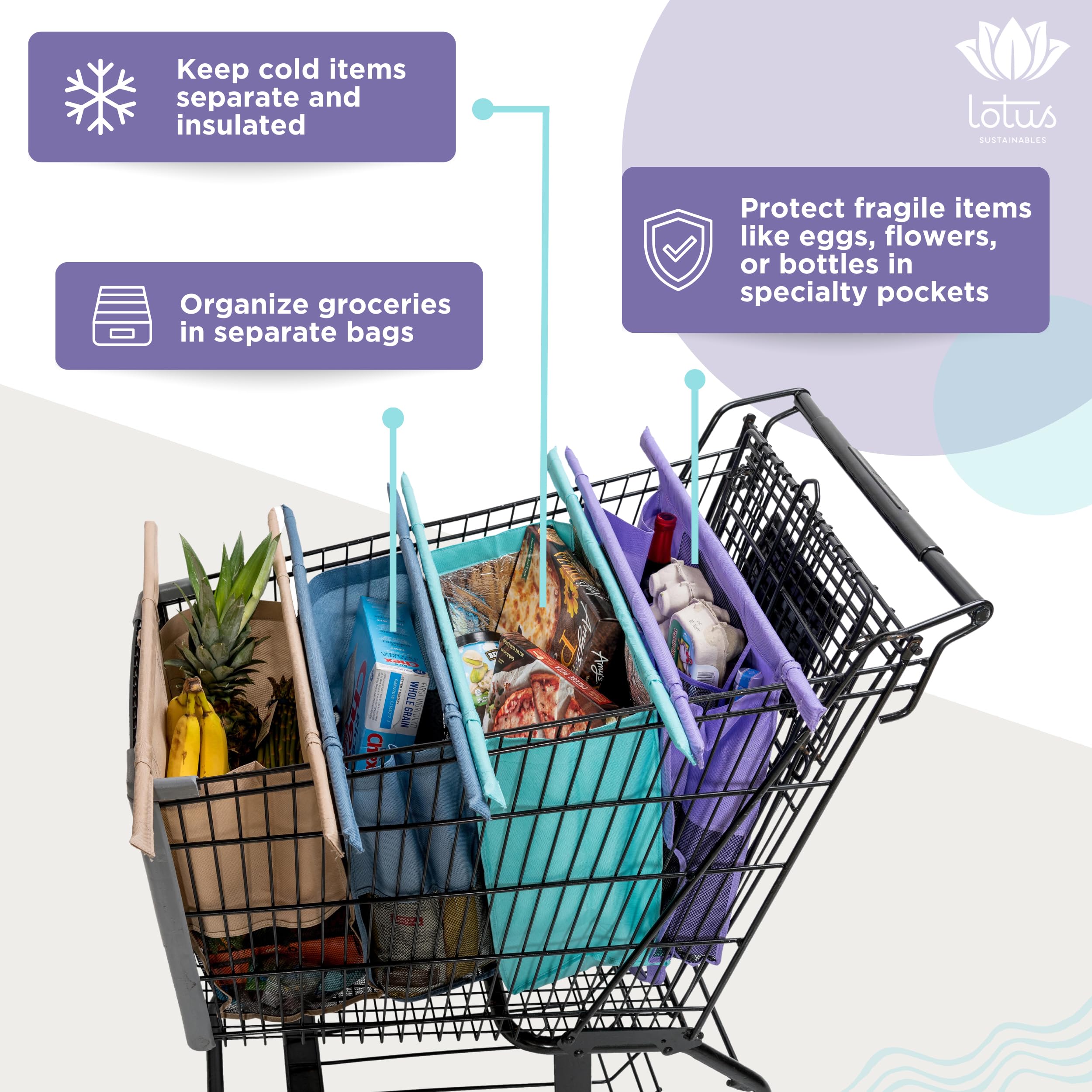 Lotus Reusable Shopping Cart Bags Set of 4 - Insulated Grocery Tote with Cooler Pockets & Egg/Wine Holder - Foldable Washable Grocery Organizer for Supermarket, Farmers Market & Bulk Shopping - Perfect for Grocery Hauling, Food Storage & Picnic Trips