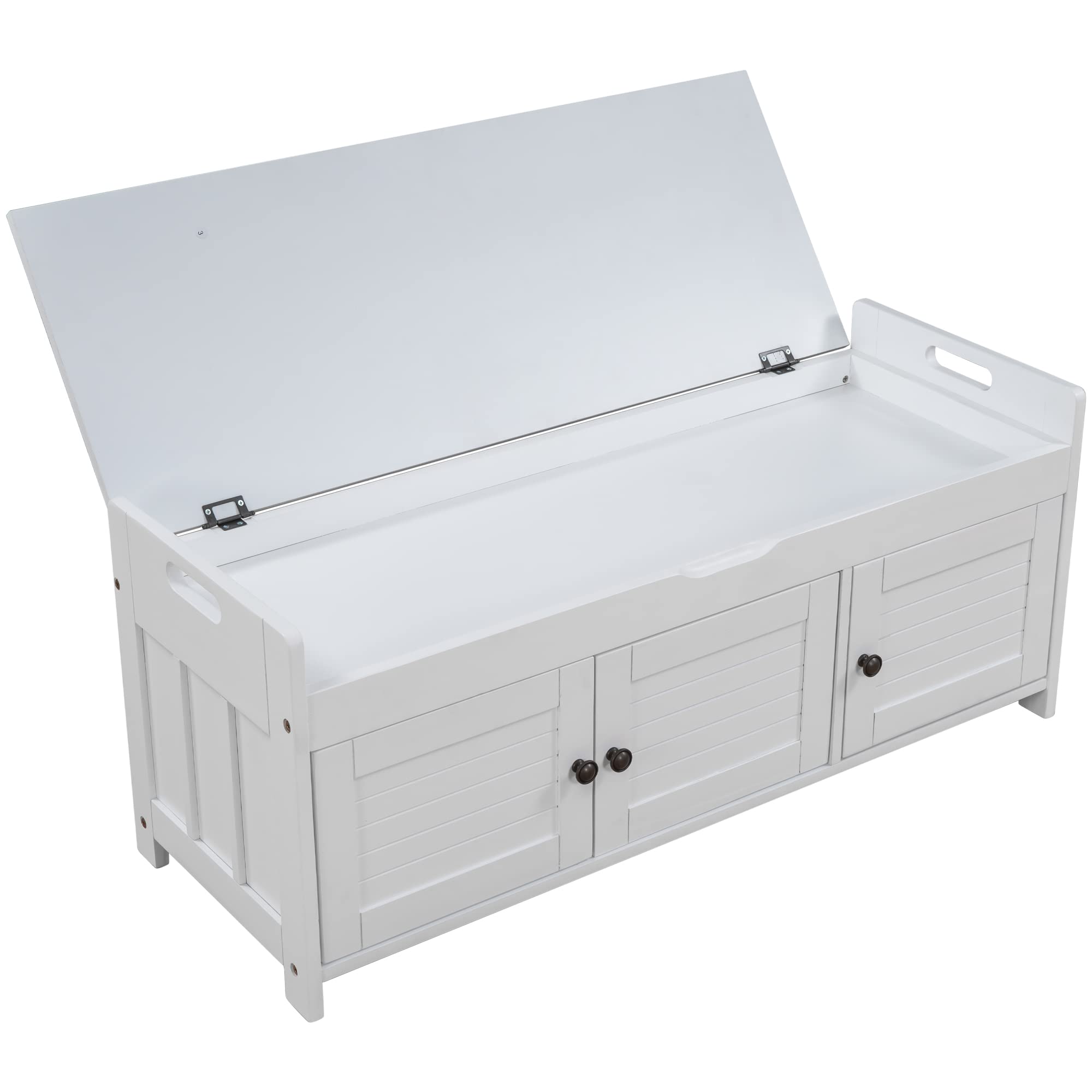 SOFTSEA White Upholstered Storage Ottoman Bench with Removable Beige Cushion - 3 Shutter Doors & Hidden Compartment - Multi-Functional Entryway, Living Room, Bedroom Furniture for Shoes, Blankets & Home Organization