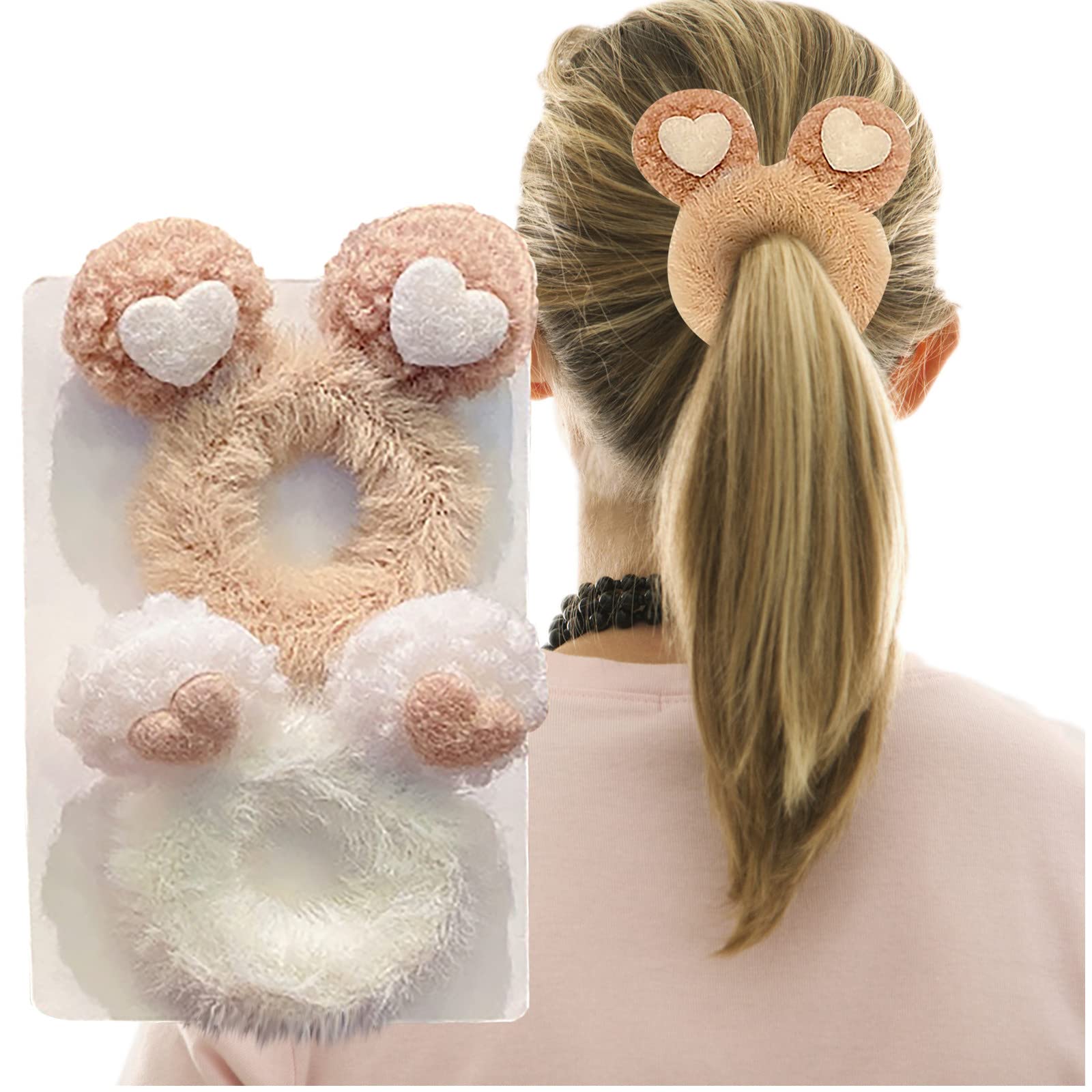QICHA 1 Pair Furry Hair Scrunchies - Cute Animal Ears Hair Bands (Cat, Deer, Bear) - Elastic Hair Ties & Ponytail Holders for Women & Girls - Perfect for School, Work, Parties & Daily Use