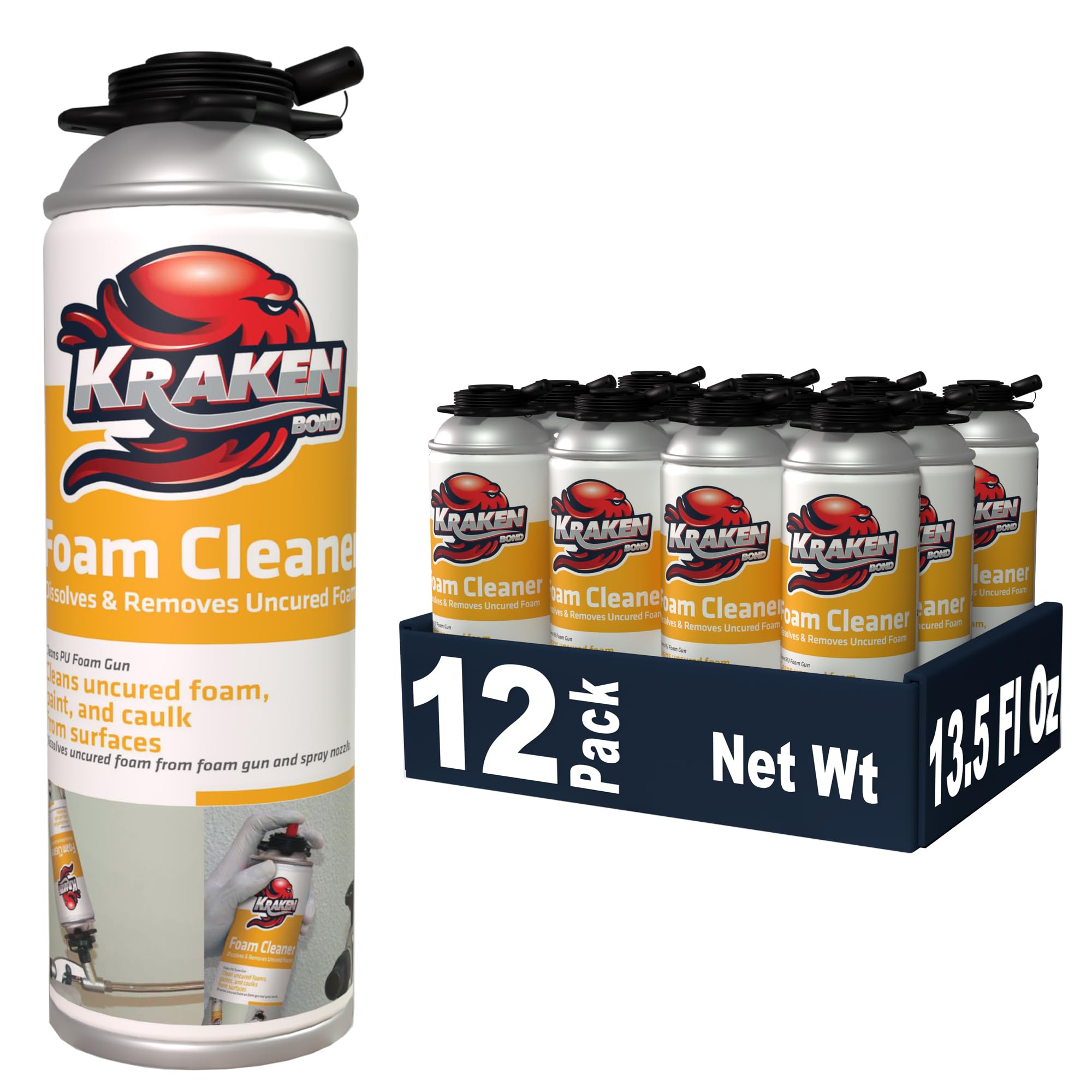 Kraken Bond Spray Foam Gun Cleaner - 12 Pack (12x12.3oz) | Polyurethane Foam Insulation Cleaner Spray | Dissolves Uncured Expanding Foam | Extends Tool Life | Perfect for Home Insulation, Construction & DIY Projects