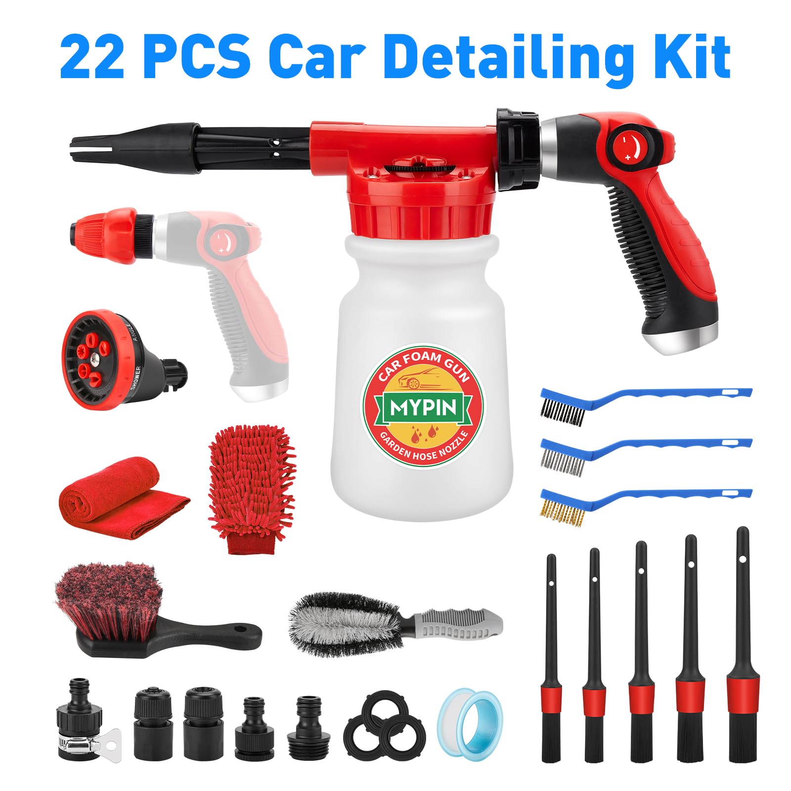 Premium Car Wash Foam Gun Kit - 22pc Foam Cannon with Adjustable 2.5-6 Ratio Dial, 1L Bottle, Nozzles & Wash Mitt - 1/2