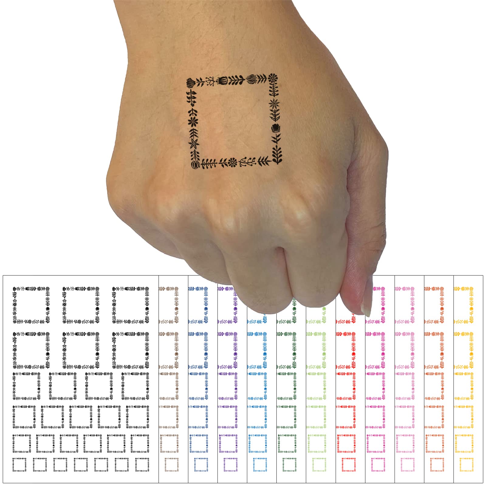 Elegant Botanical Square Border Frame Temporary Tattoo - Waterproof Fake Body Art Set Collection for Women & Men - Black Floral Design (1 Sheet) - Perfect for Parties, Festivals, and Special Occasions
